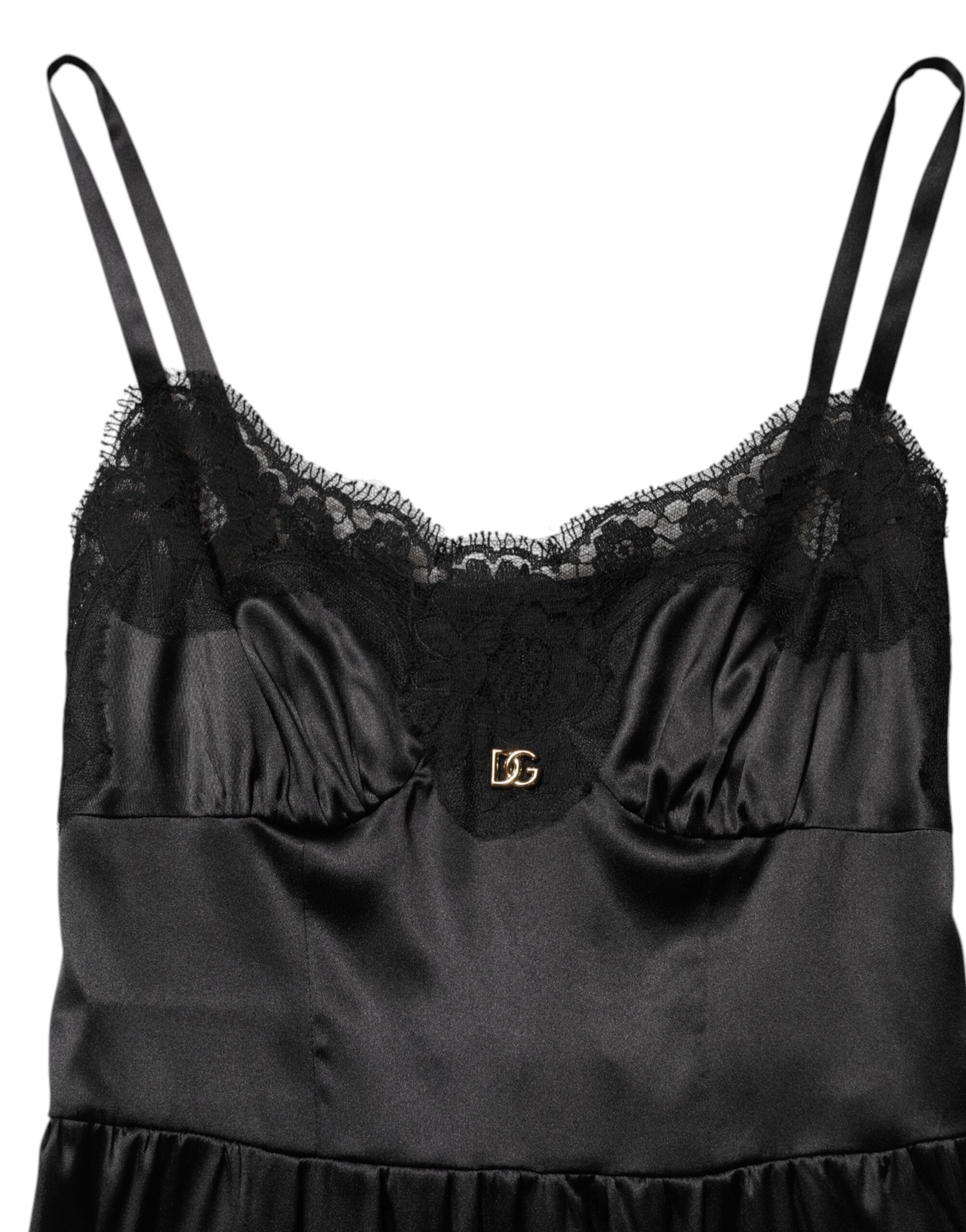 Dolce &amp; Gabbana Sort Silkeblanding Ærmeløs Minikjole med Blondekant