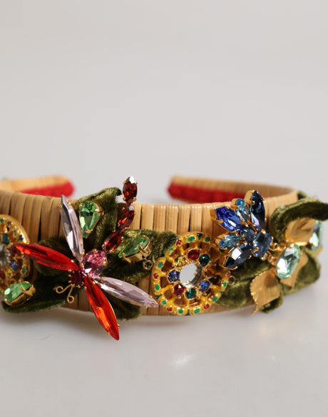 Dolce &amp; Gabbana Flerfärgad Kristall Blommig Guldgrön Sammets Krona Pannband