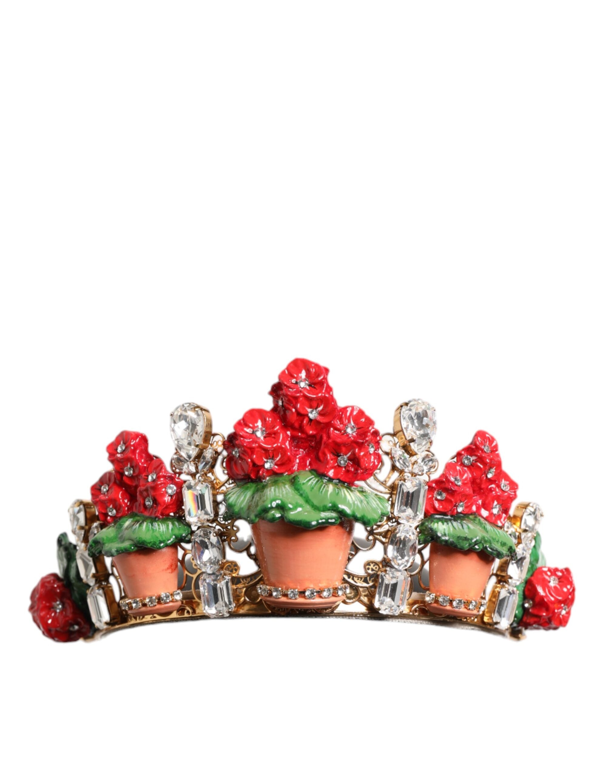 Dolce &amp; Gabbana Rød Blomsterblomst Krystal Guld Krone Tiara Pandebånd