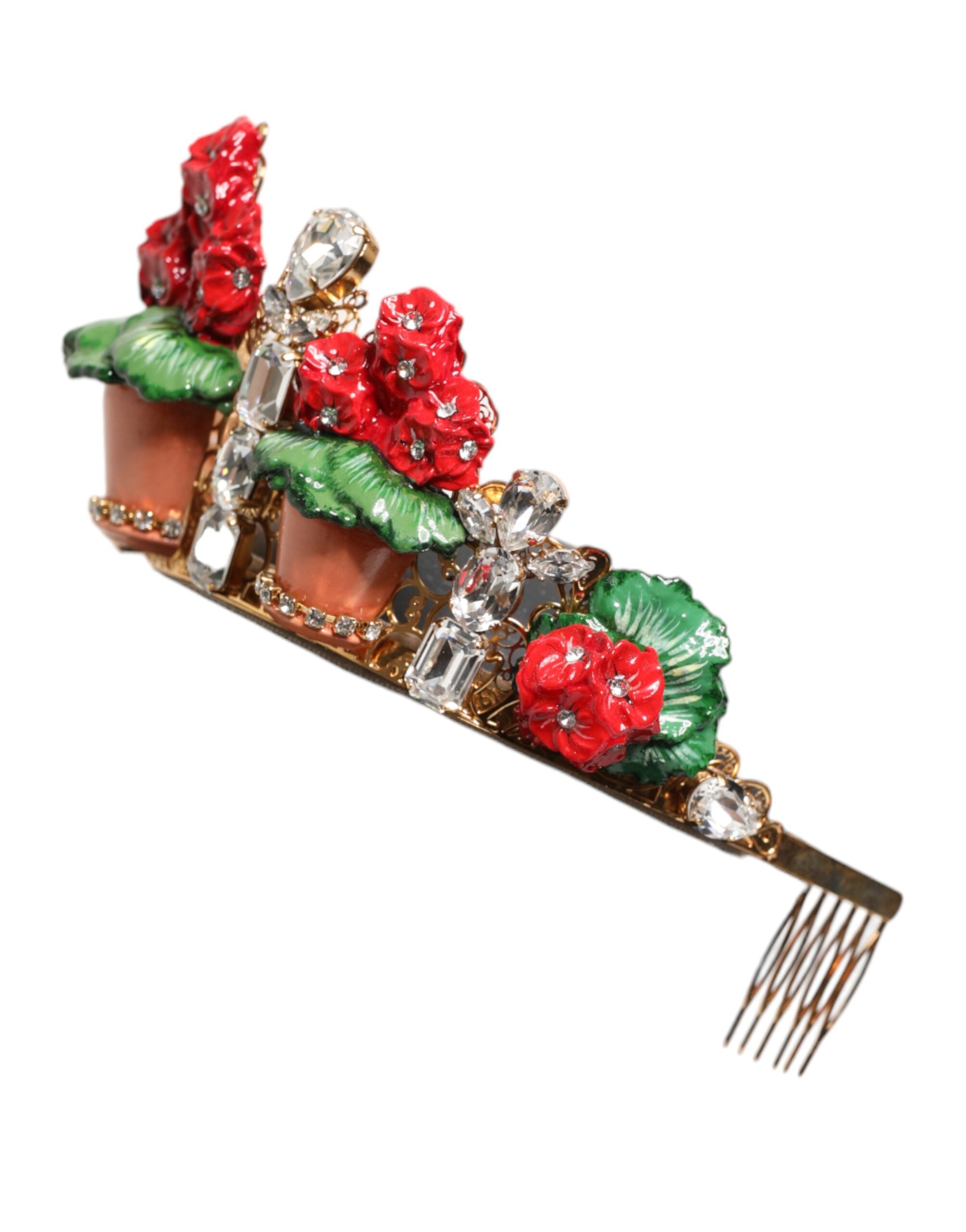 Dolce &amp; Gabbana Rød Blomsterblomst Krystal Guld Krone Tiara Pandebånd