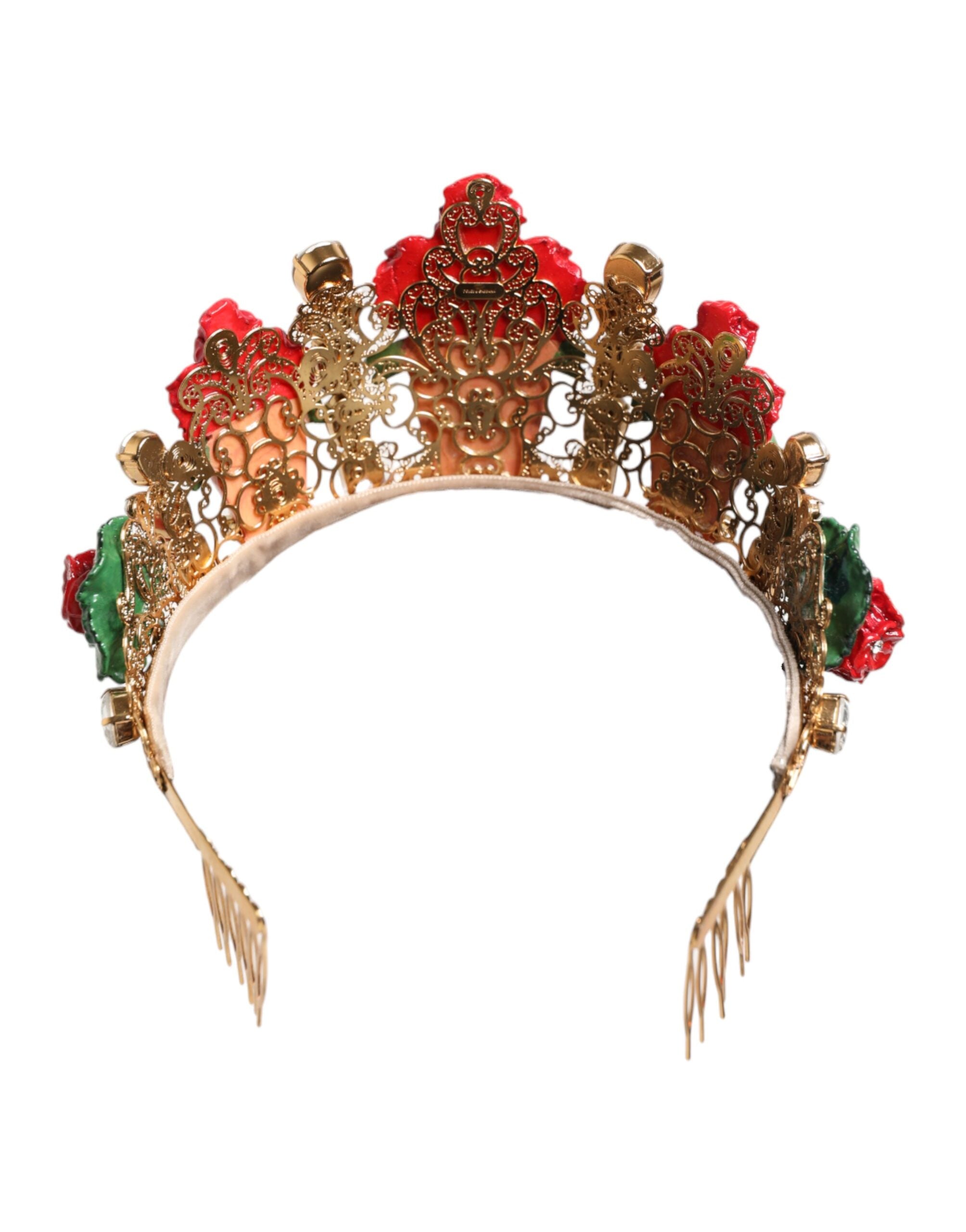 Dolce &amp; Gabbana Rød Blomsterblomst Krystal Guld Krone Tiara Pandebånd