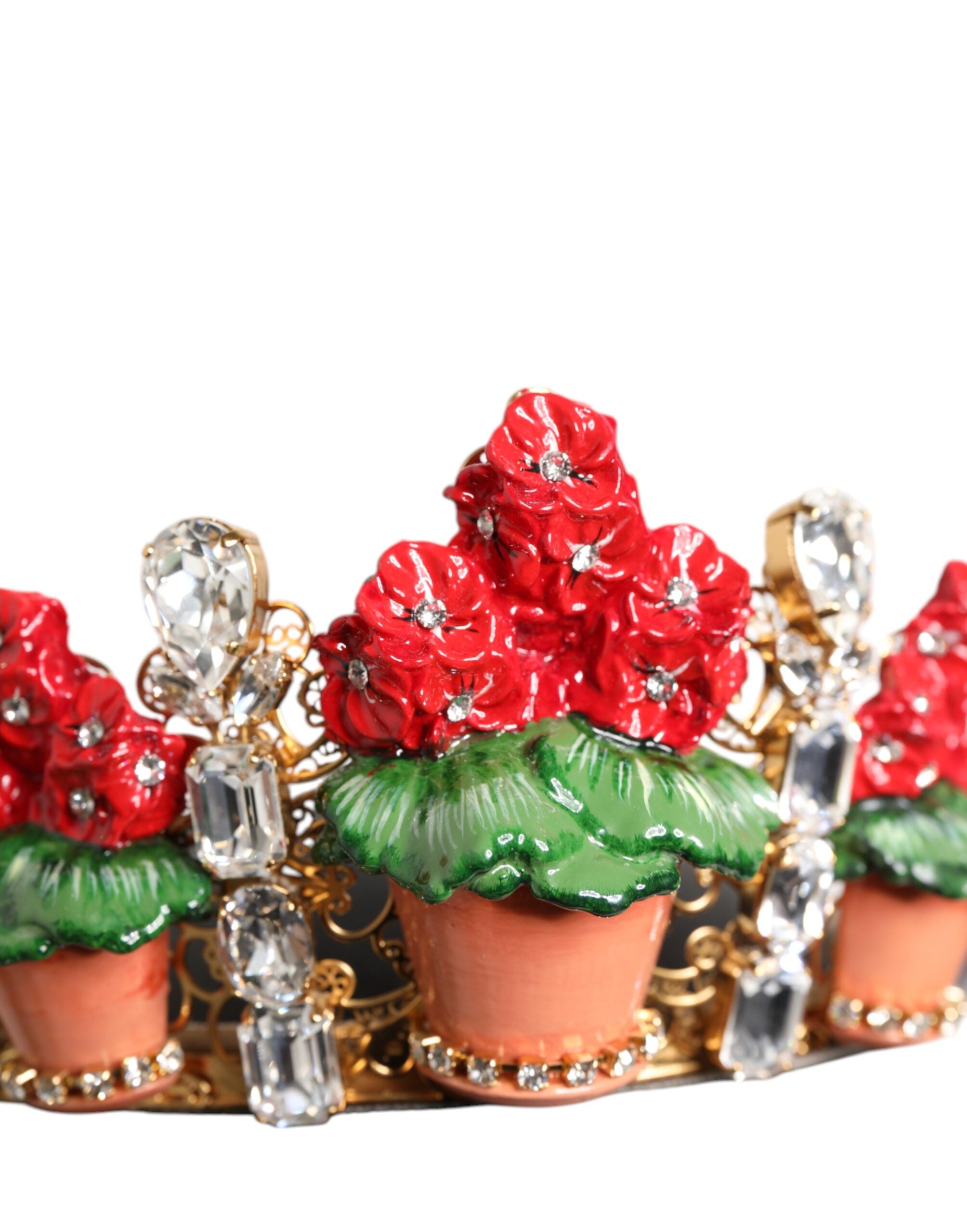 Dolce &amp; Gabbana Rød Blomsterblomst Krystal Guld Krone Tiara Pandebånd