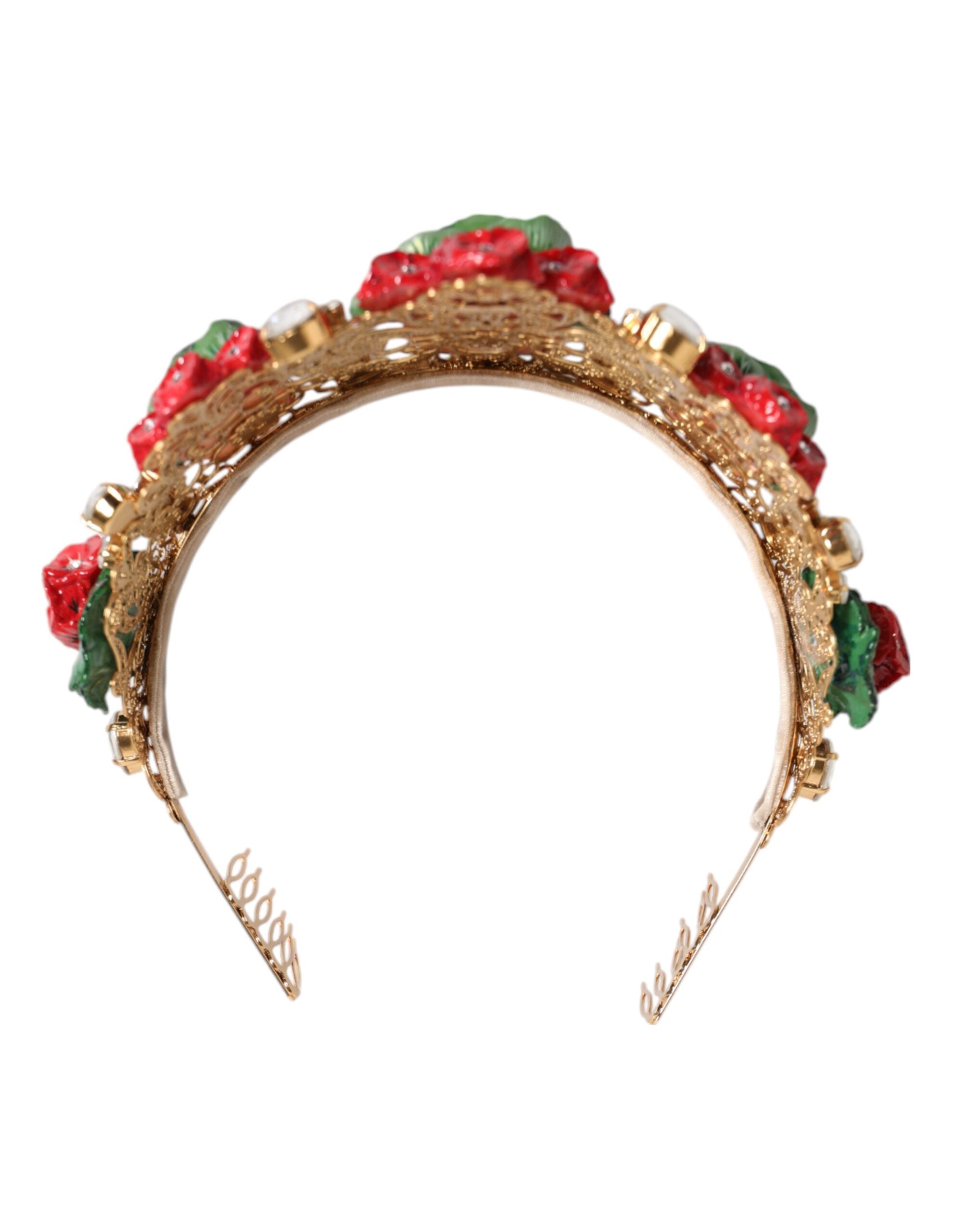 Dolce &amp; Gabbana Rød Blomsterblomst Krystal Guld Krone Tiara Pandebånd