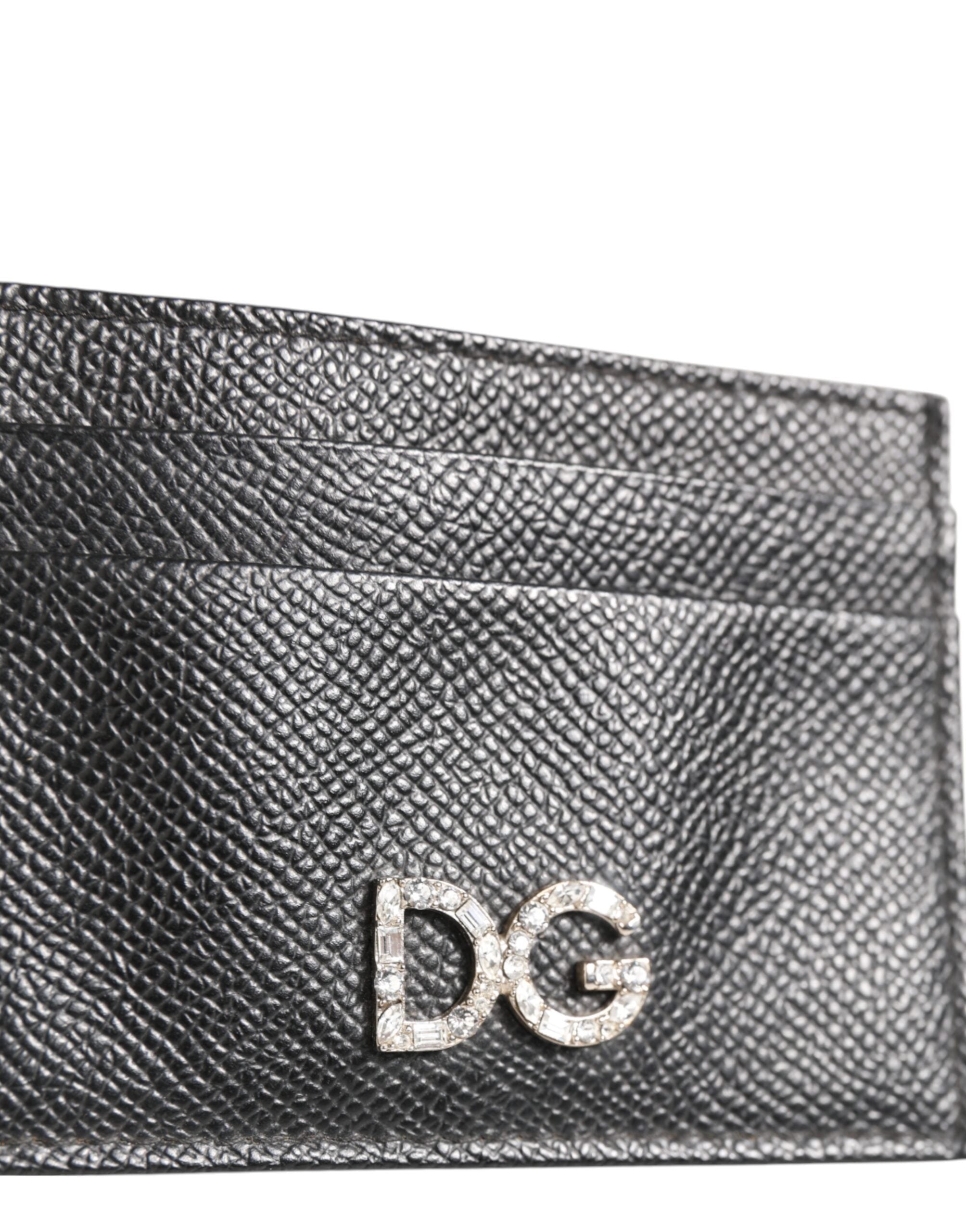 Dolce & Gabbana Black Leather Crystal DG Logo Embellished Card Holder Wallet