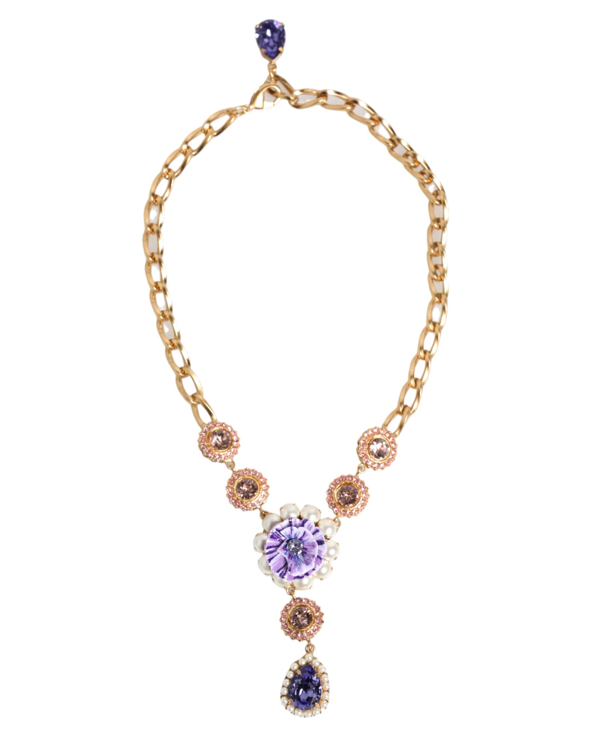 Dolce &amp; Gabbana Guld Messing Krystal Perle Lilla Blomster Vedhæng Smykkehalskæde