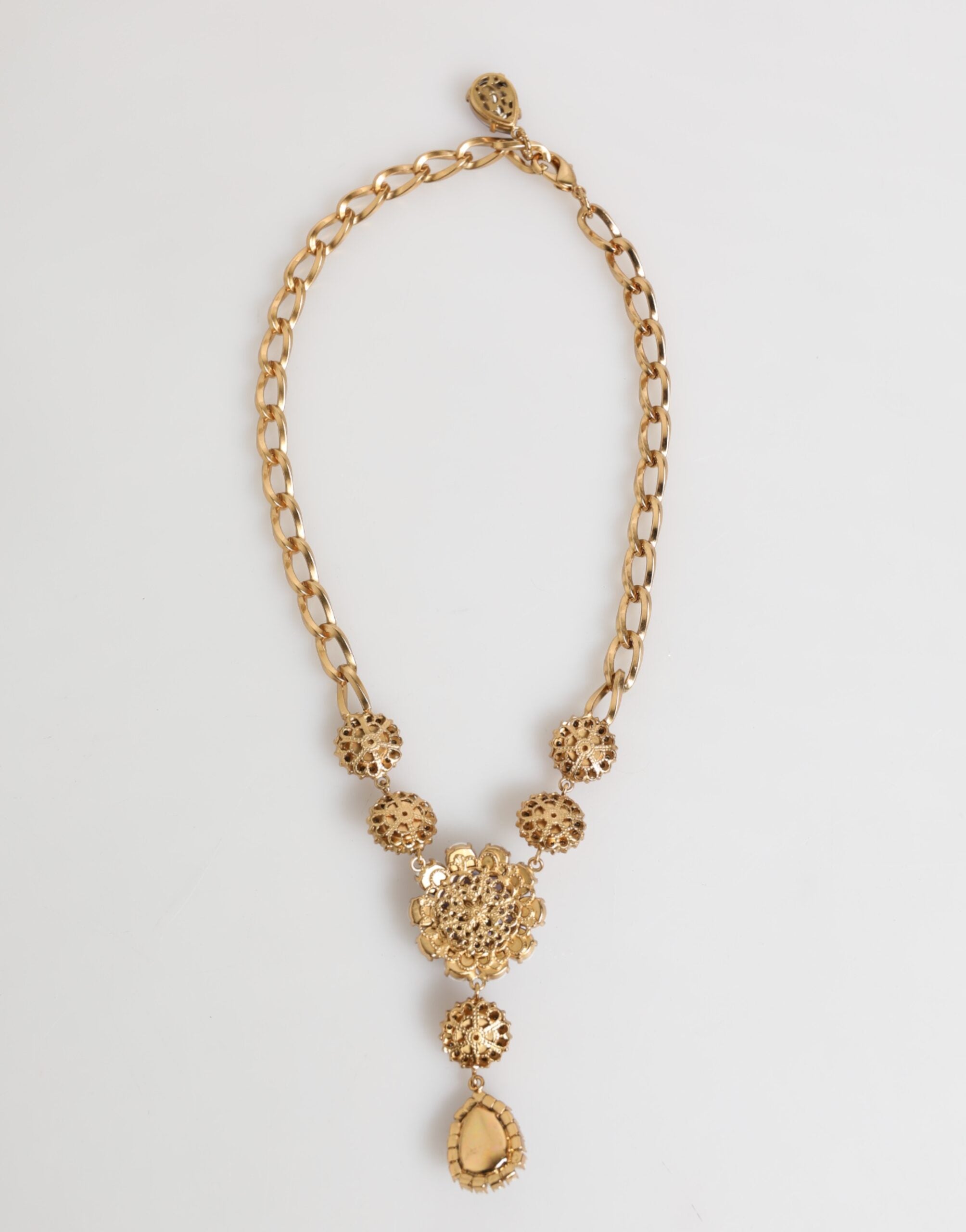 Dolce &amp; Gabbana Guld Messing Krystal Perle Lilla Blomster Vedhæng Smykkehalskæde