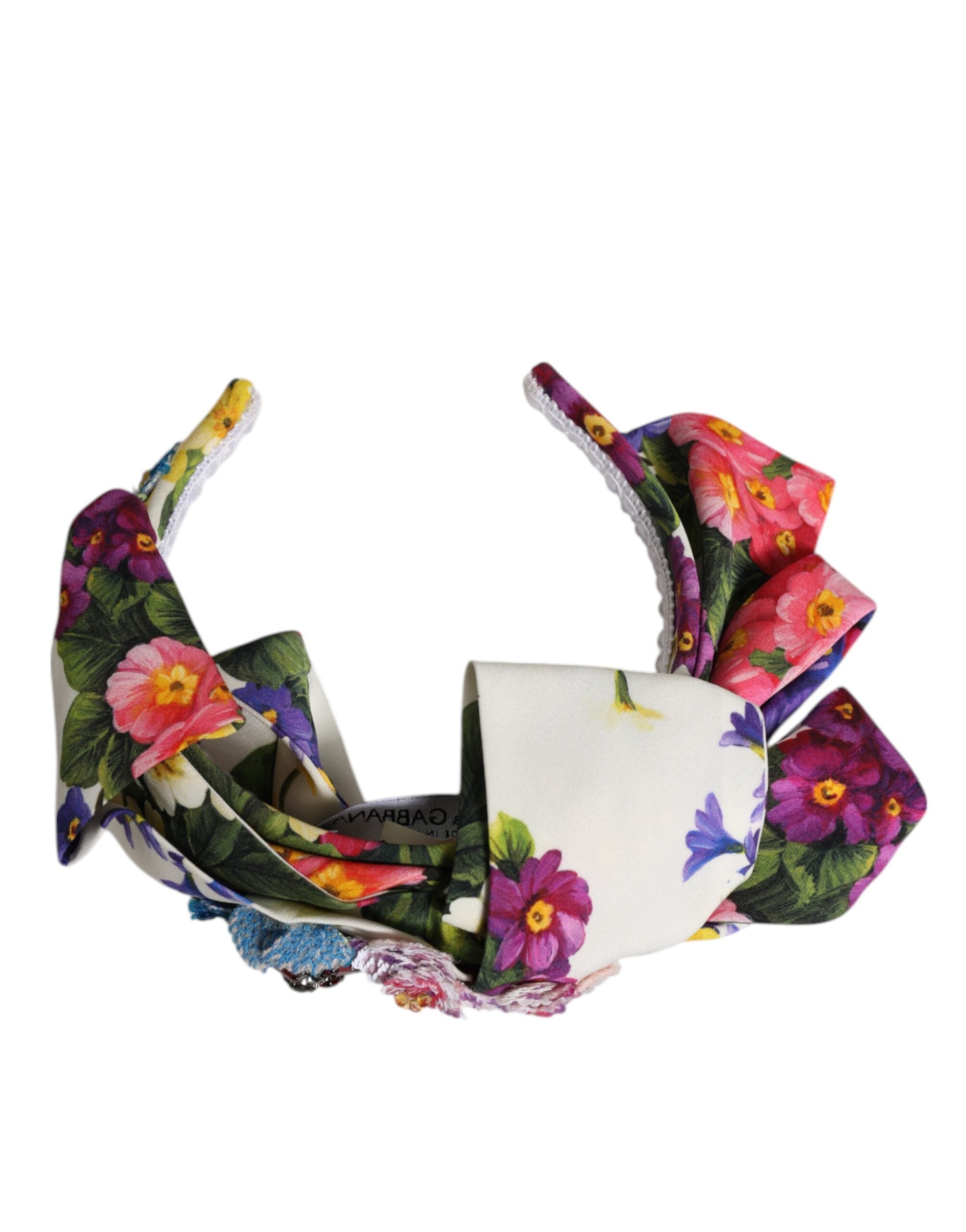 Dolce &amp; Gabbana Hvid Flerfarvet Blomstersilkepandebånd med Sløjfe og Krystaludsmykning