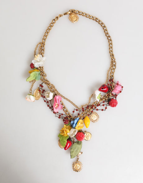 Dolce & Gabbana Estate Multicolor Floral Fruit Gold Chain Statement Necklace