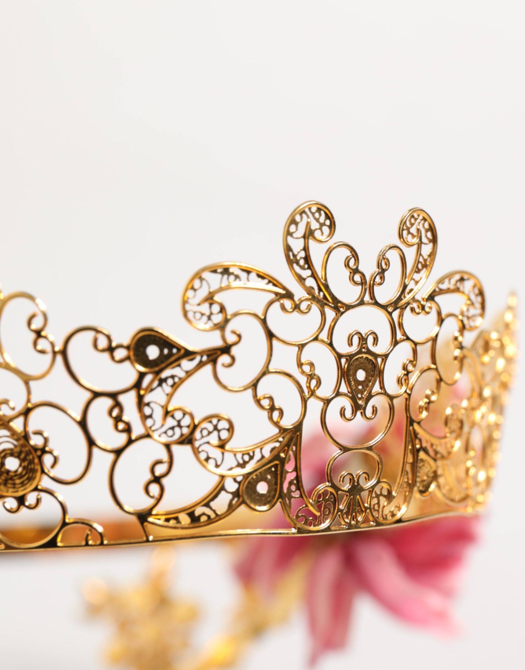 Dolce &amp; Gabbana Guld Blomstertiara Lyserøde Roser Krystalkrone Pandebånd