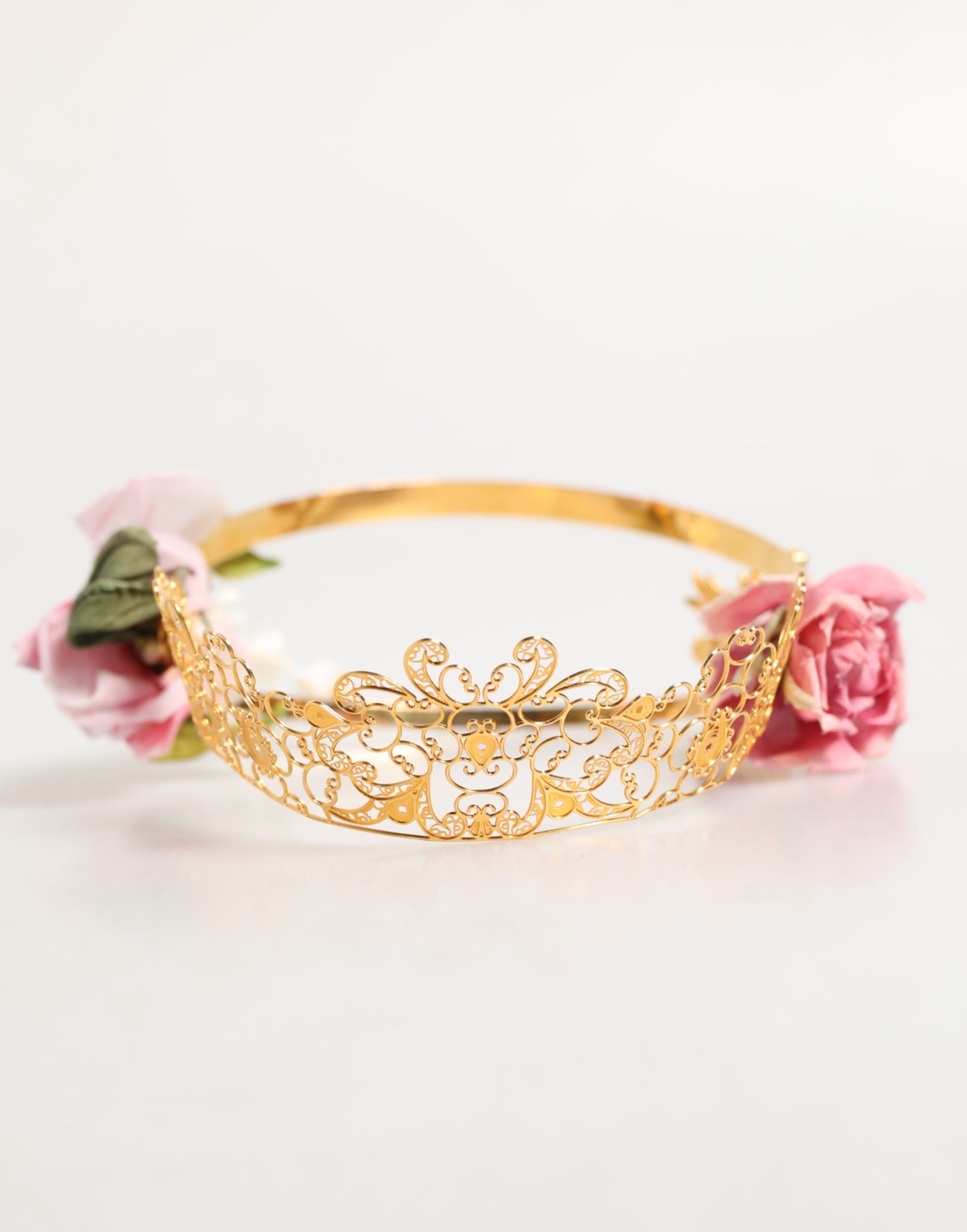 Dolce &amp; Gabbana Guld Blomstertiara Lyserøde Roser Krystalkrone Pandebånd