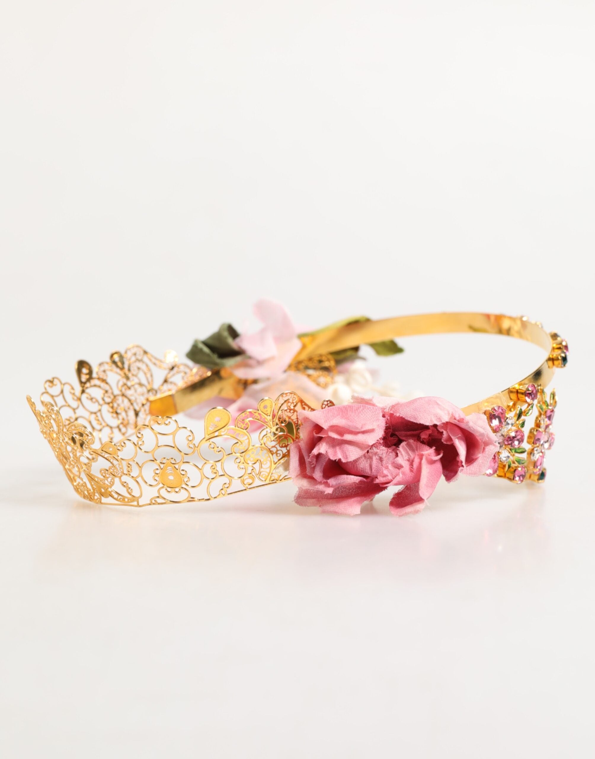 Dolce &amp; Gabbana Guld Blomstertiara Lyserøde Roser Krystalkrone Pandebånd