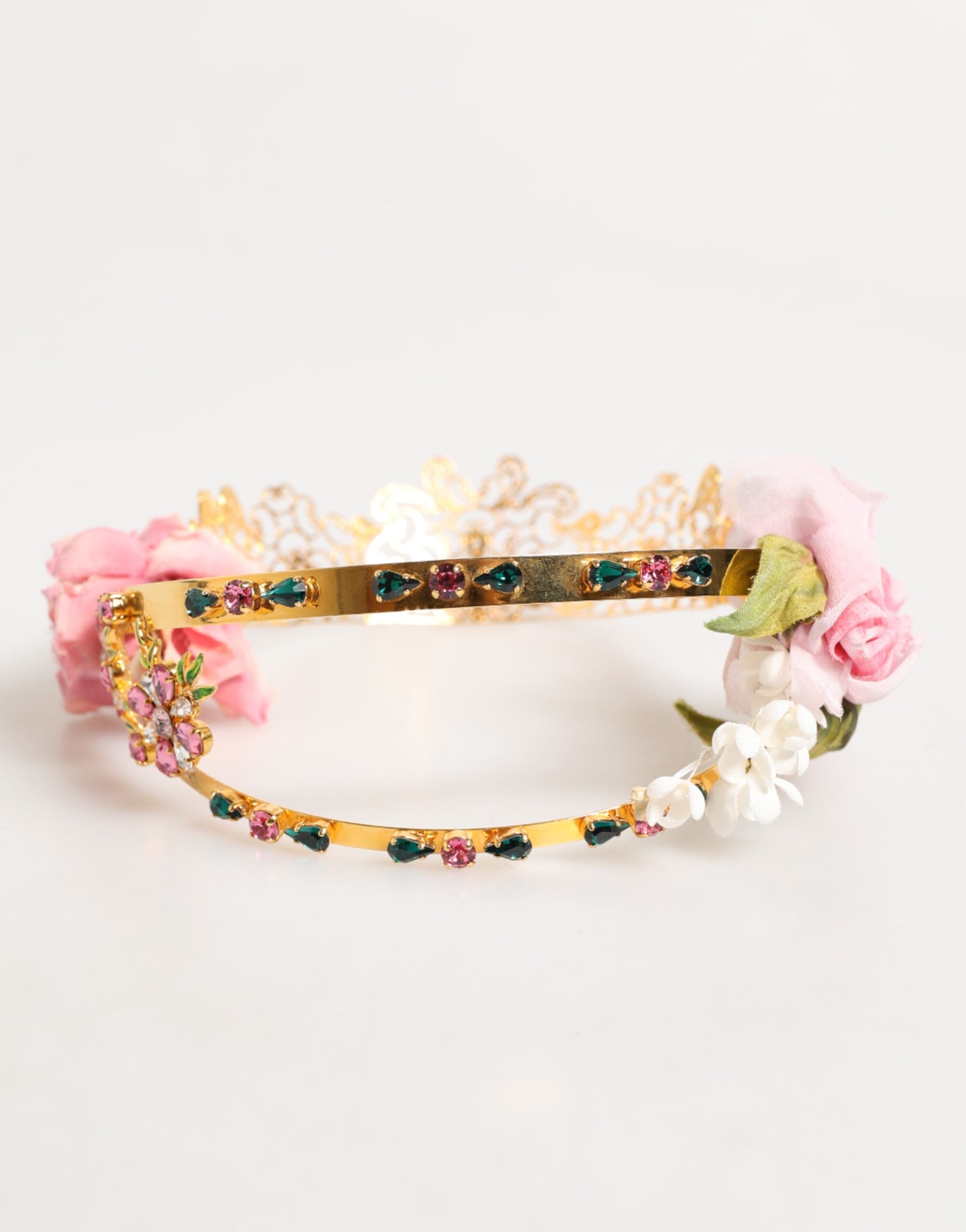 Dolce &amp; Gabbana Guld Blomstertiara Lyserøde Roser Krystalkrone Pandebånd