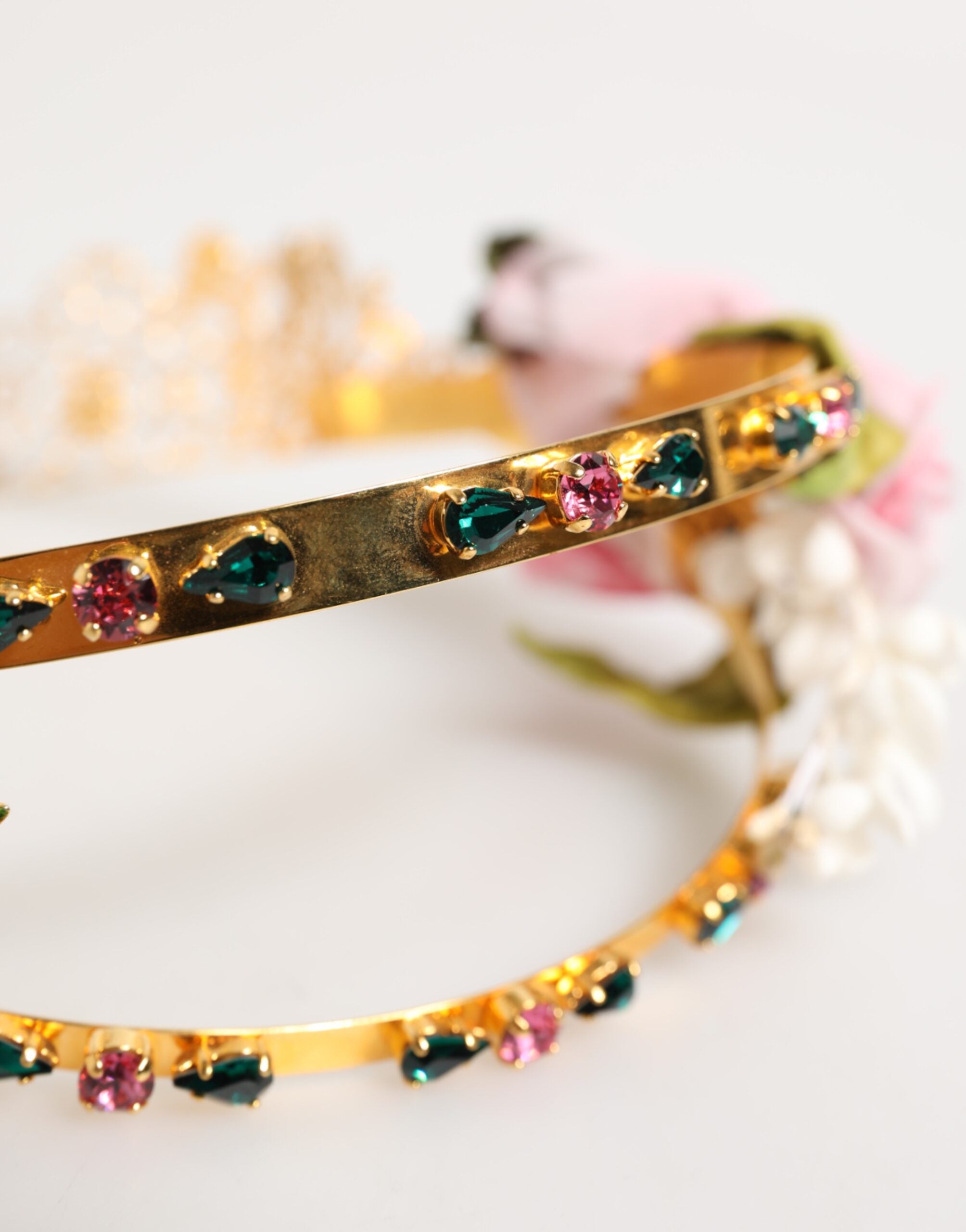 Dolce &amp; Gabbana Guld Blomstertiara Lyserøde Roser Krystalkrone Pandebånd