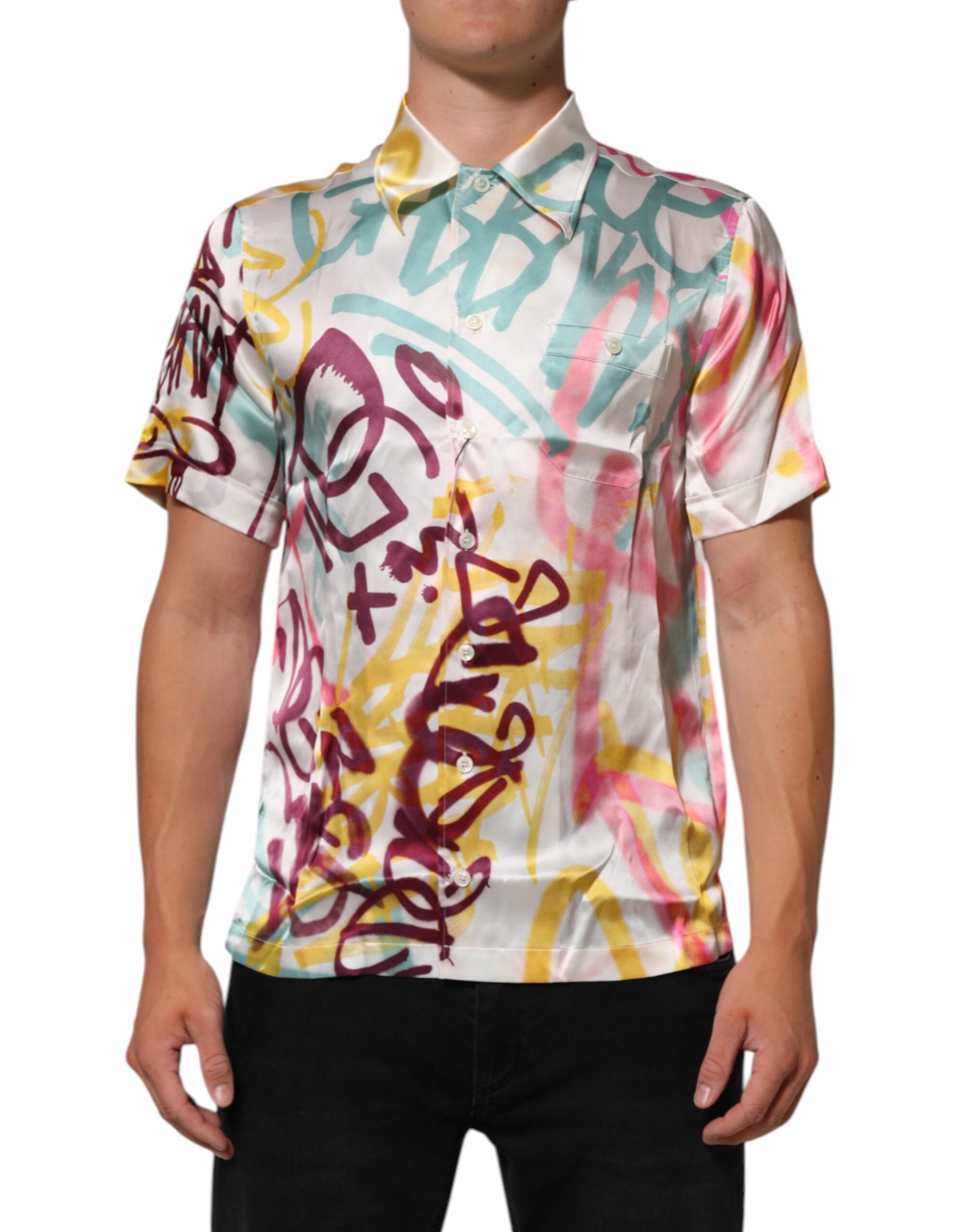 Dolce &amp; Gabbana Hvid Silke Hawaiian Graffiti Print Herre Casual Skjorte