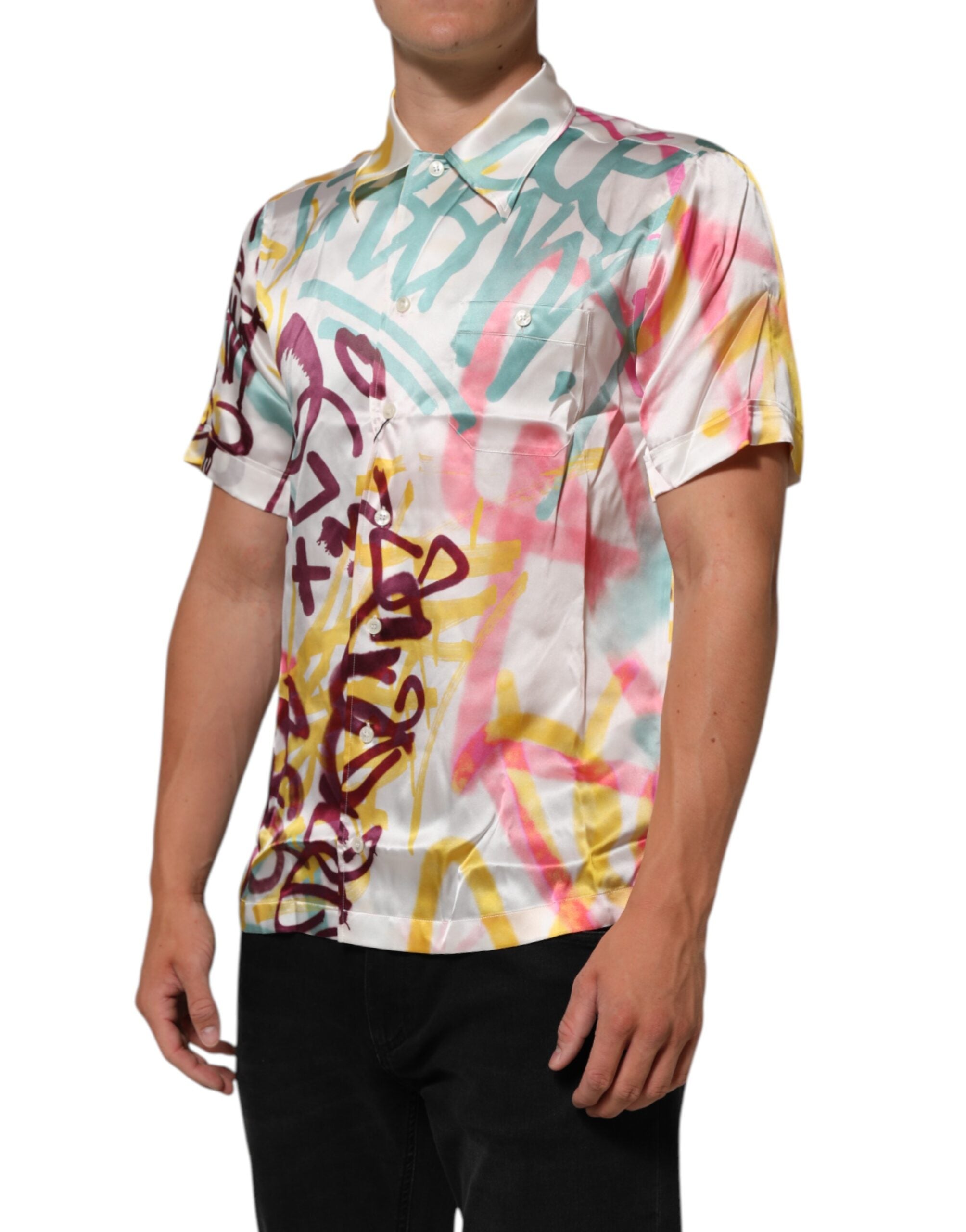 Dolce &amp; Gabbana Hvid Silke Hawaiian Graffiti Print Herre Casual Skjorte