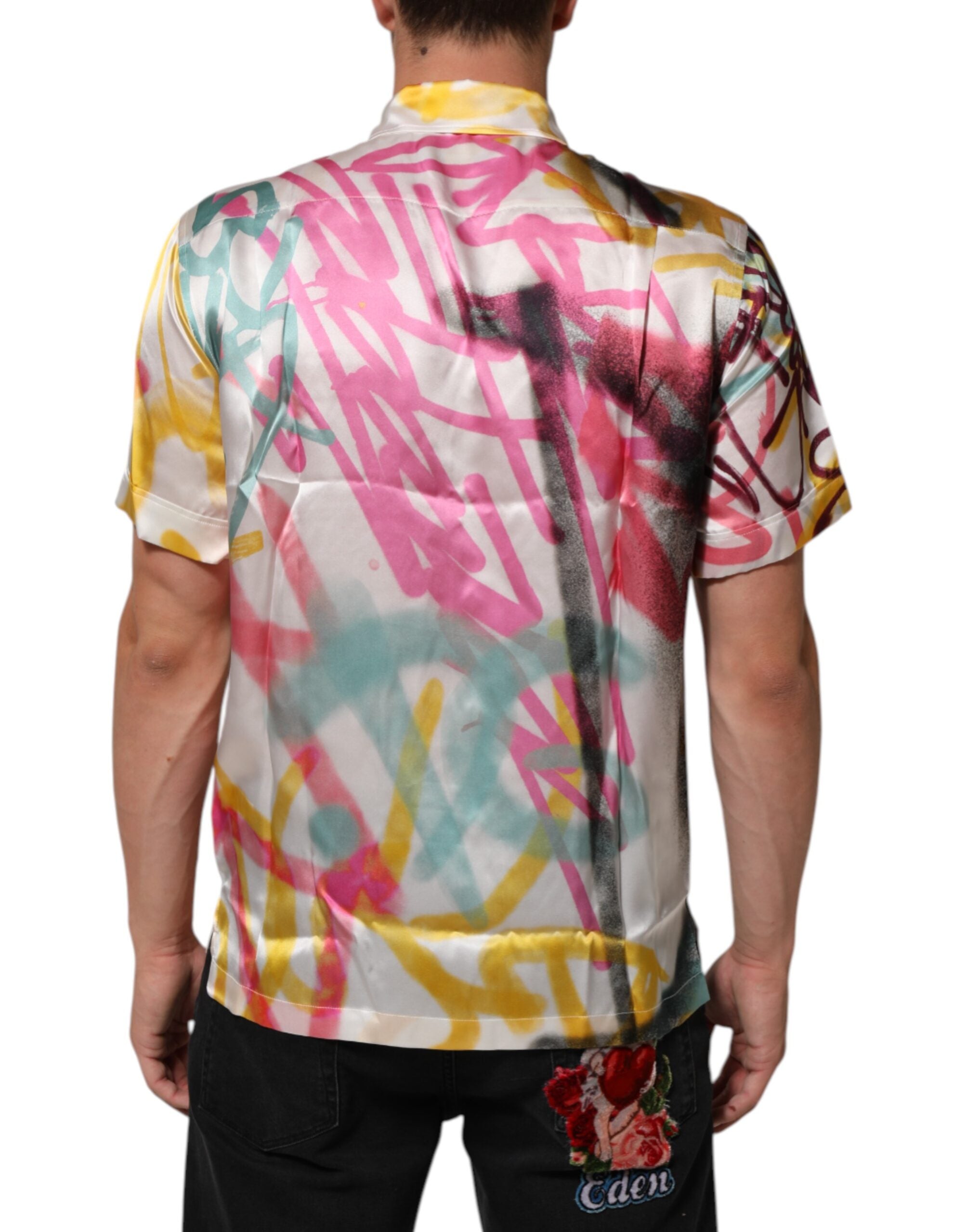 Dolce &amp; Gabbana Hvid Silke Hawaiian Graffiti Print Herre Casual Skjorte
