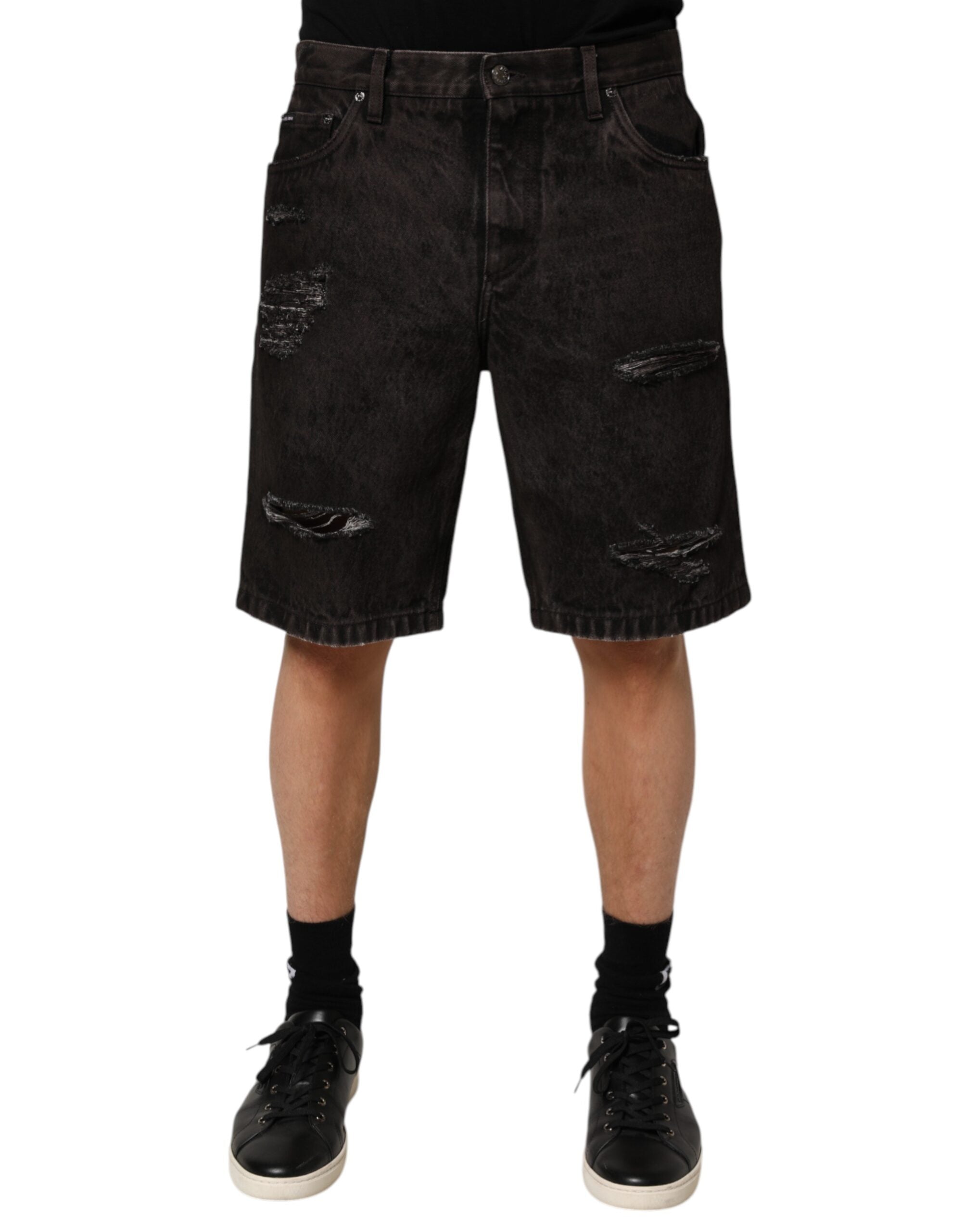 Dolce &amp; Gabbana Sorte Bomulds-Tattered Denim Herre Bermudashorts