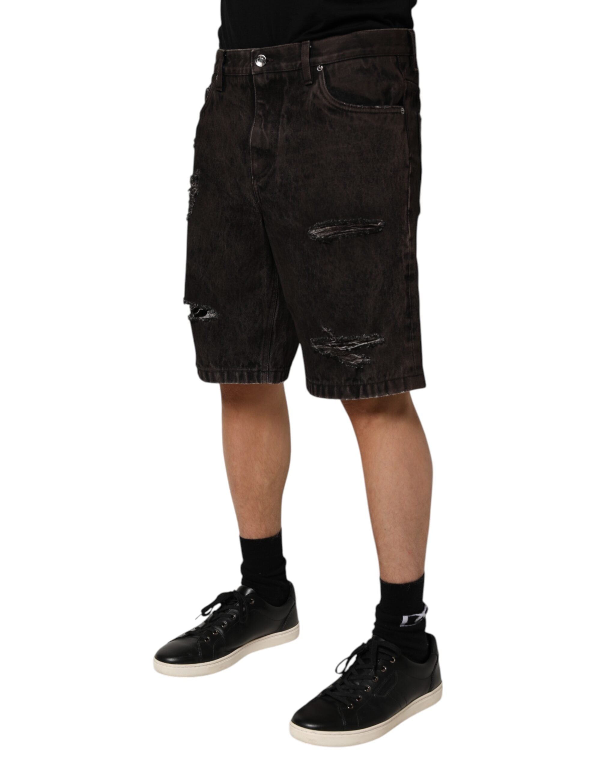 Dolce &amp; Gabbana Sorte Bomulds-Tattered Denim Herre Bermudashorts