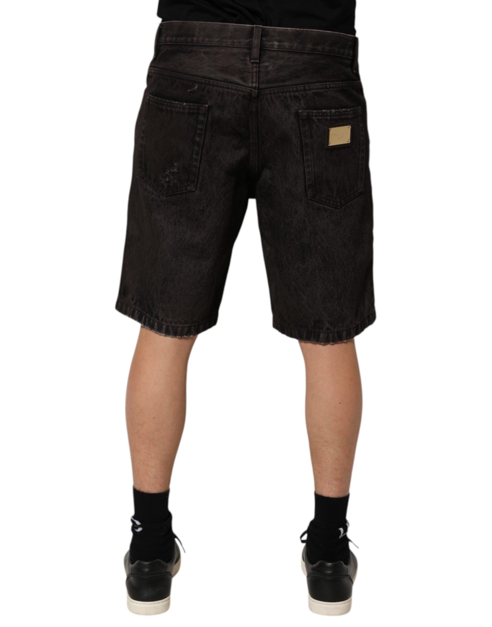Dolce &amp; Gabbana Sorte Bomulds-Tattered Denim Herre Bermudashorts