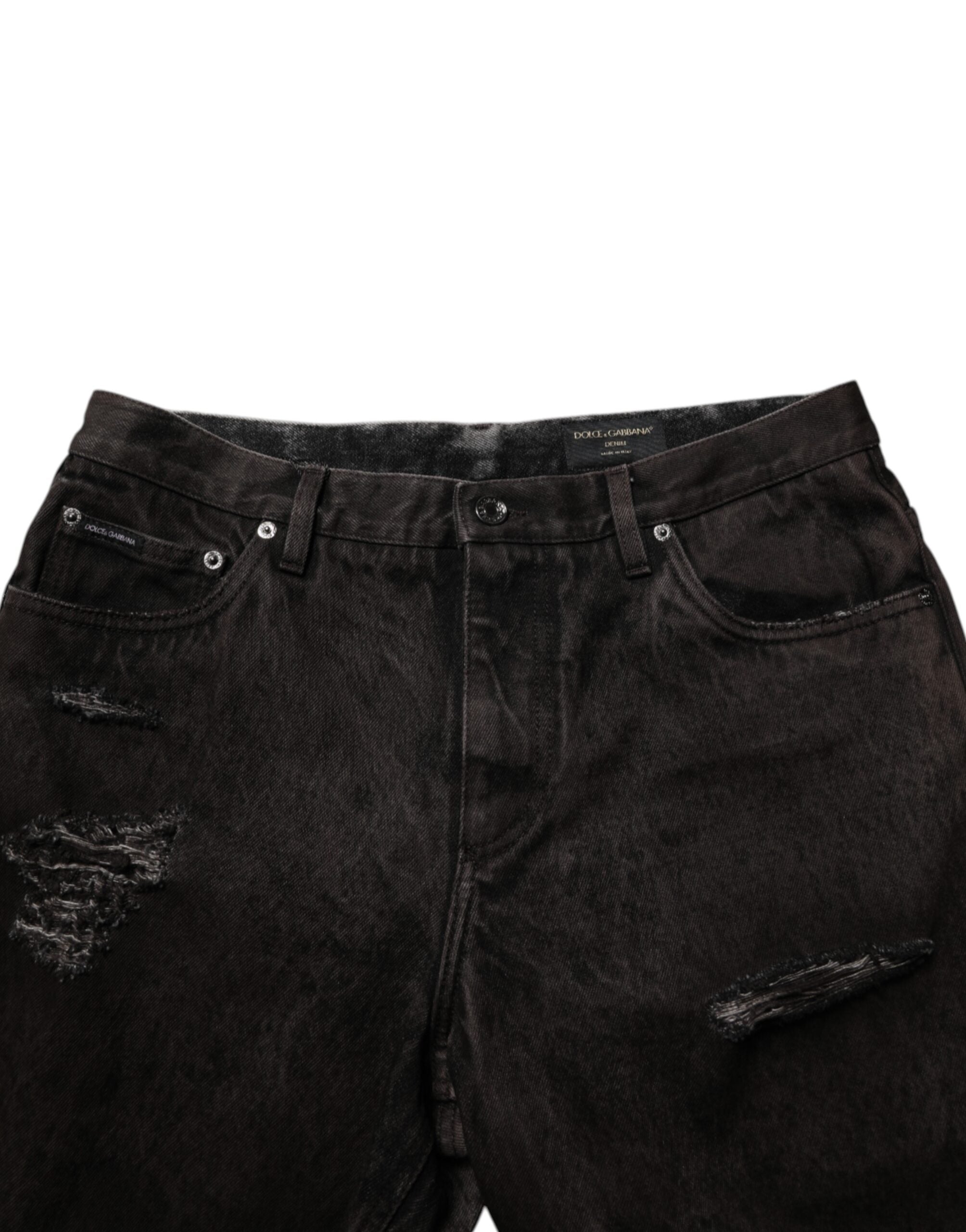 Dolce &amp; Gabbana Sorte Bomulds-Tattered Denim Herre Bermudashorts