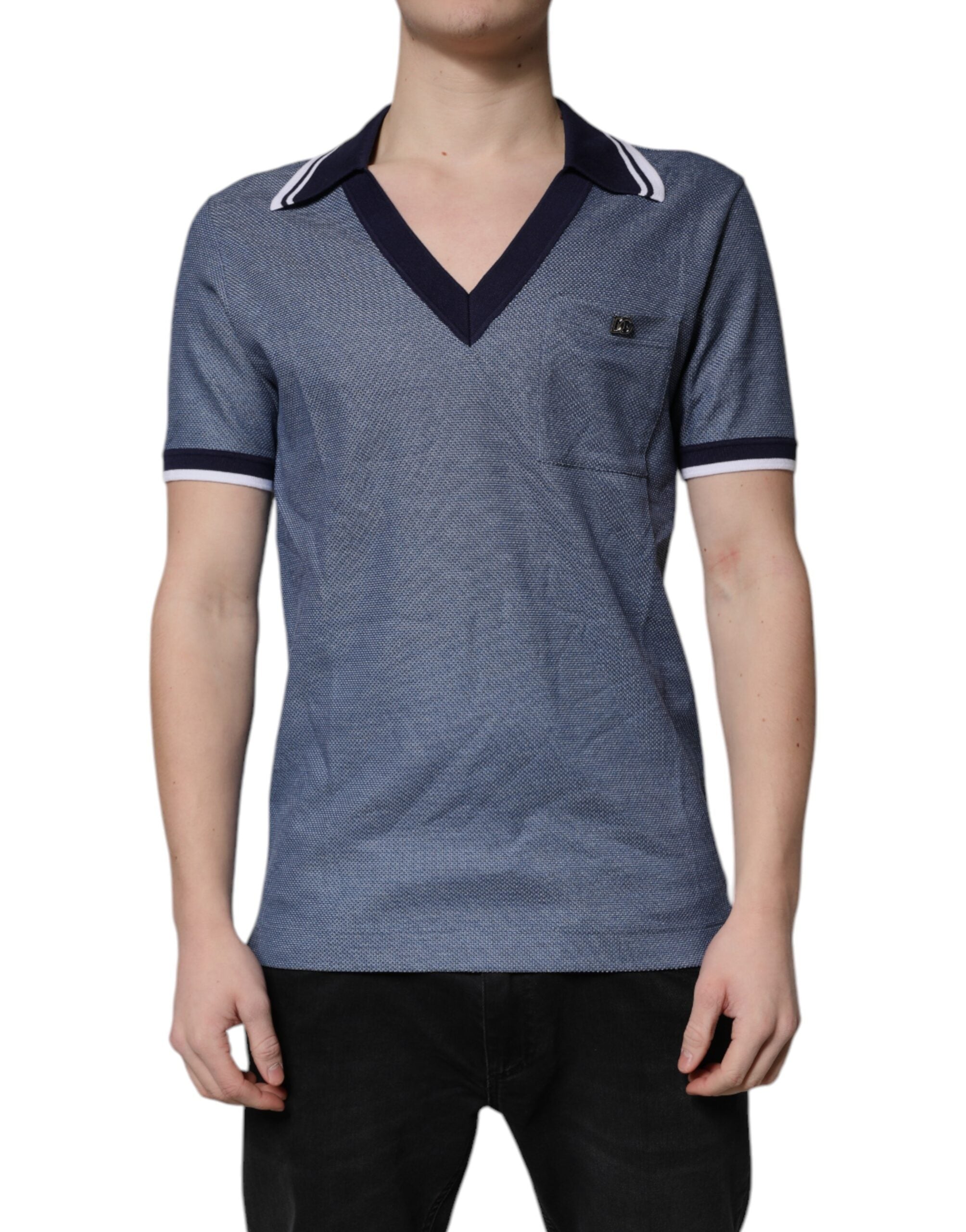 Dolce &amp; Gabbana Blå V-hals polo-T-shirt i silkeblanding med krave