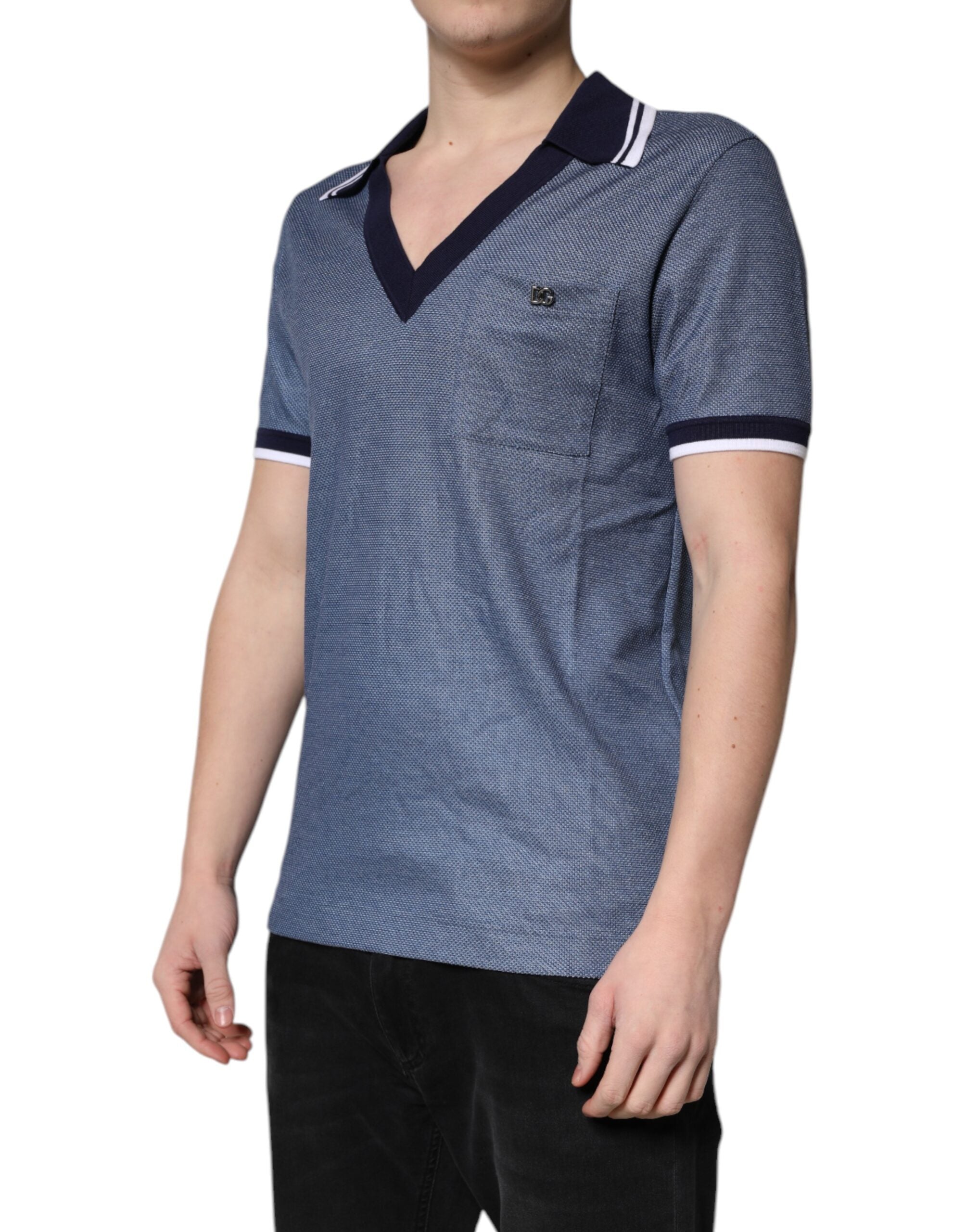 Dolce &amp; Gabbana Blå V-hals polo-T-shirt i silkeblanding med krave