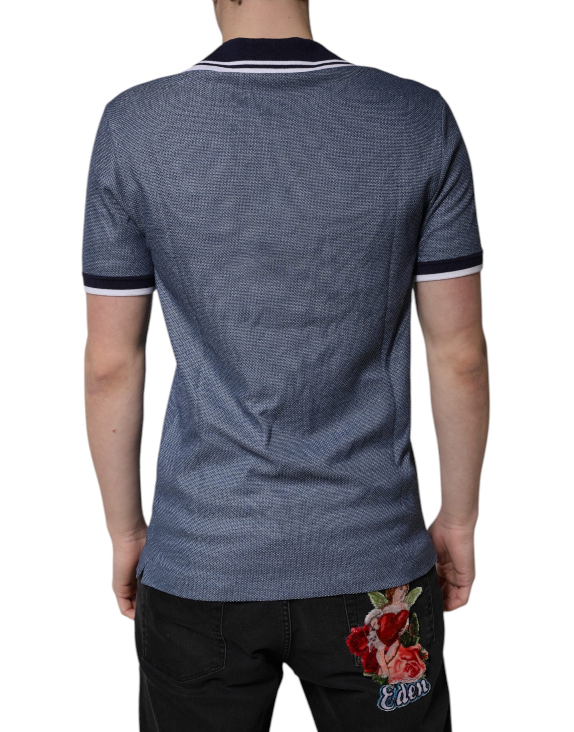 Dolce &amp; Gabbana Blå V-hals polo-T-shirt i silkeblanding med krave
