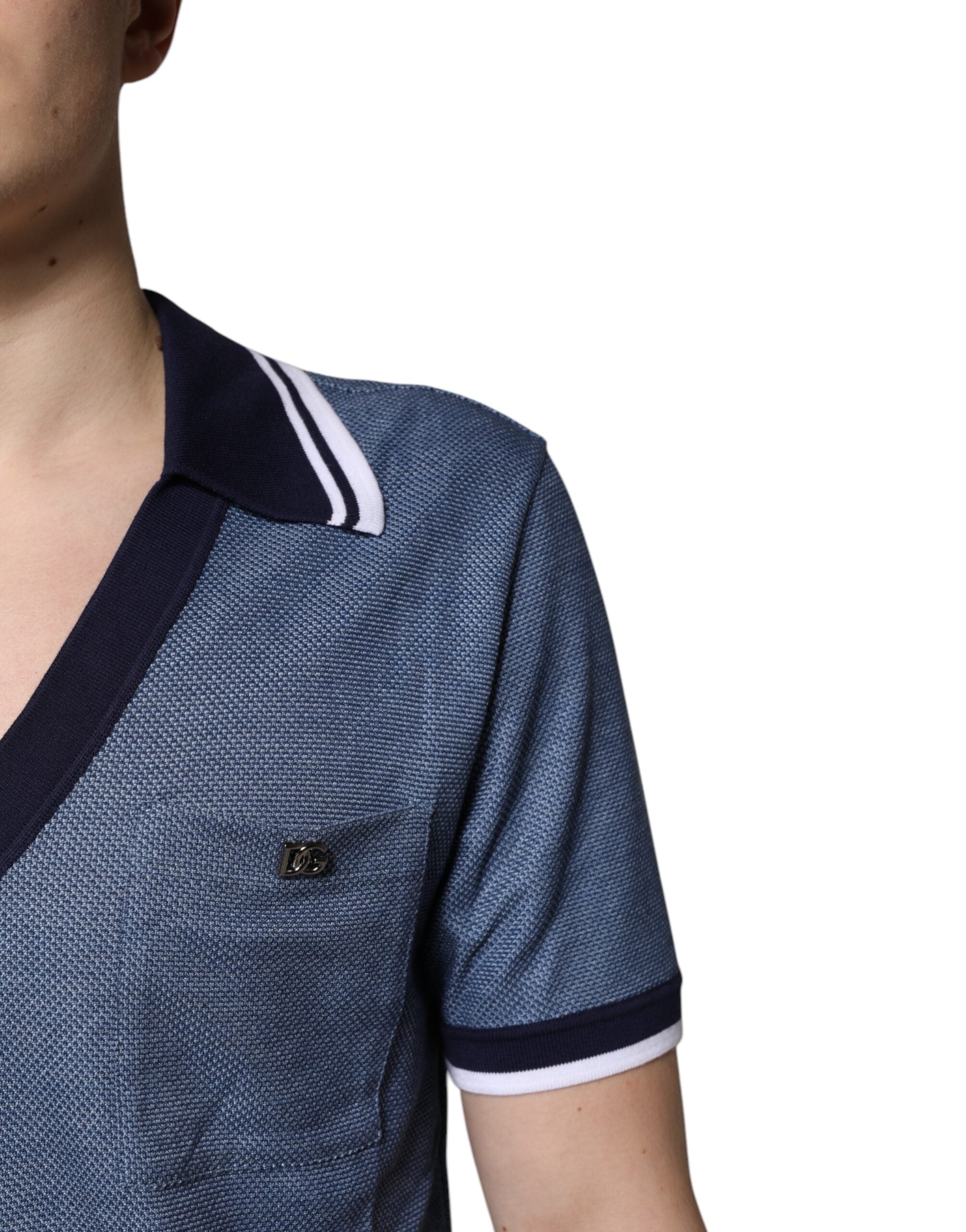 Dolce &amp; Gabbana Blå V-hals polo-T-shirt i silkeblanding med krave