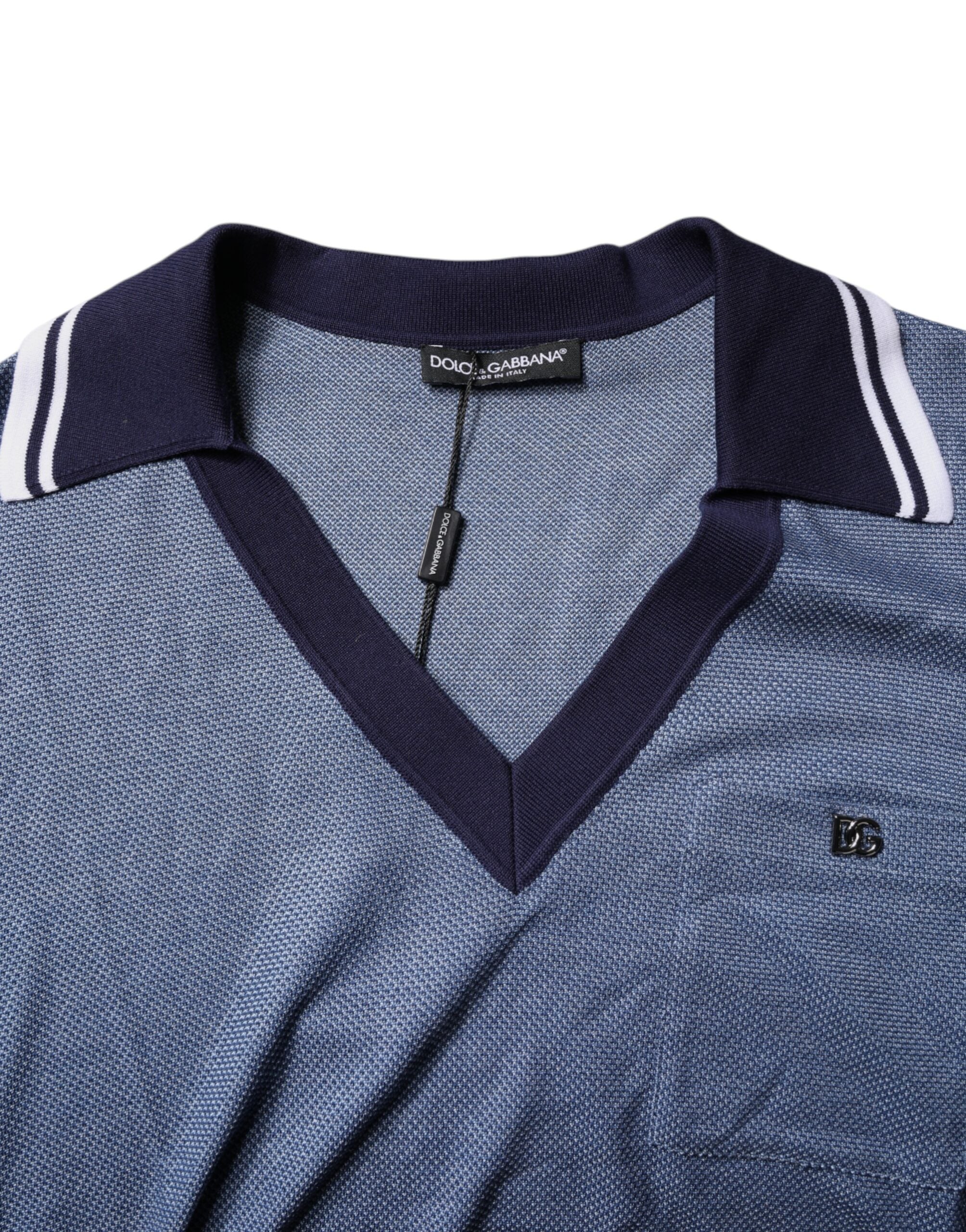 Dolce &amp; Gabbana Blå V-hals polo-T-shirt i silkeblanding med krave