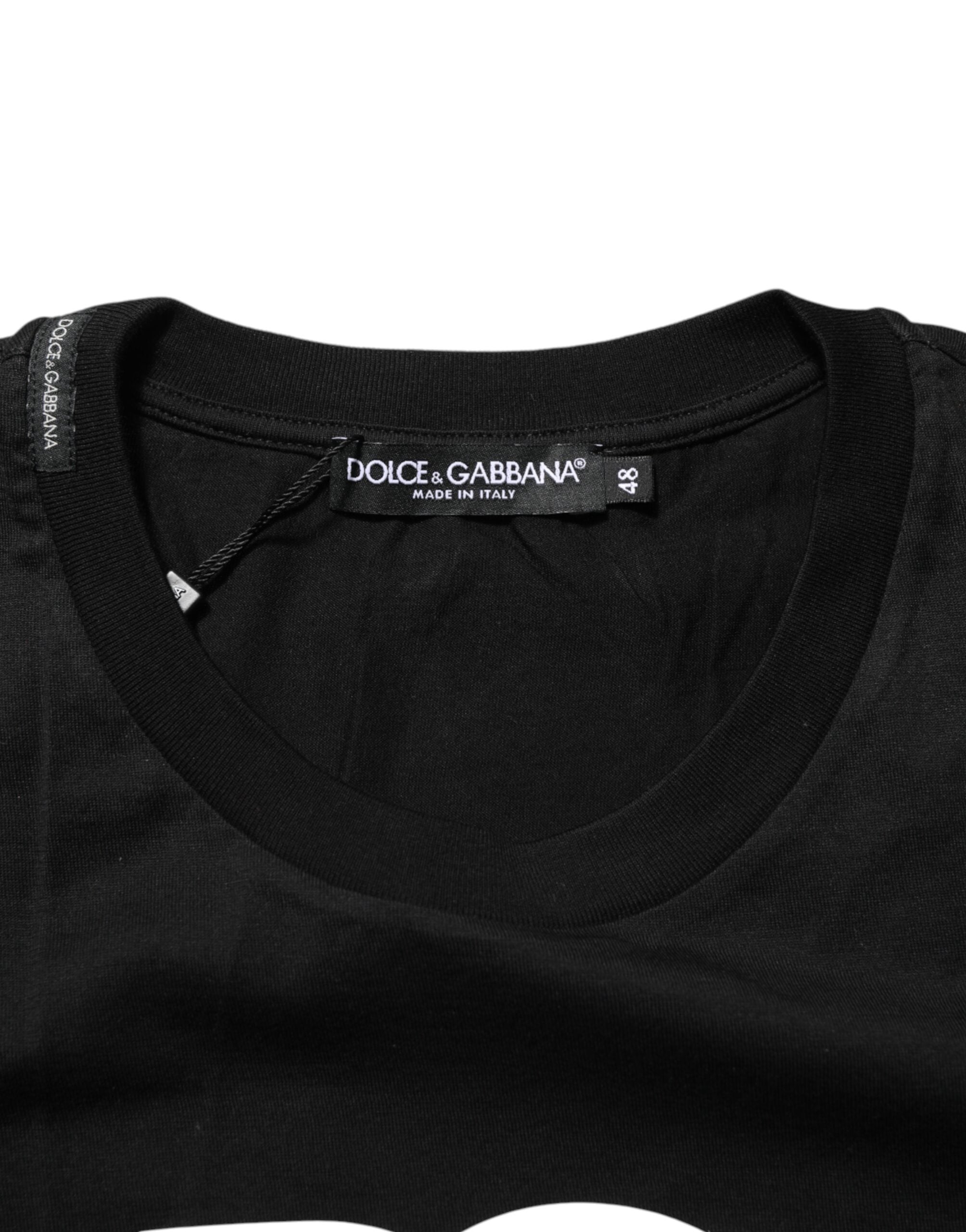 Dolce & Gabbana Black Floral DG Logo Cotton Crew Neck T-shirt