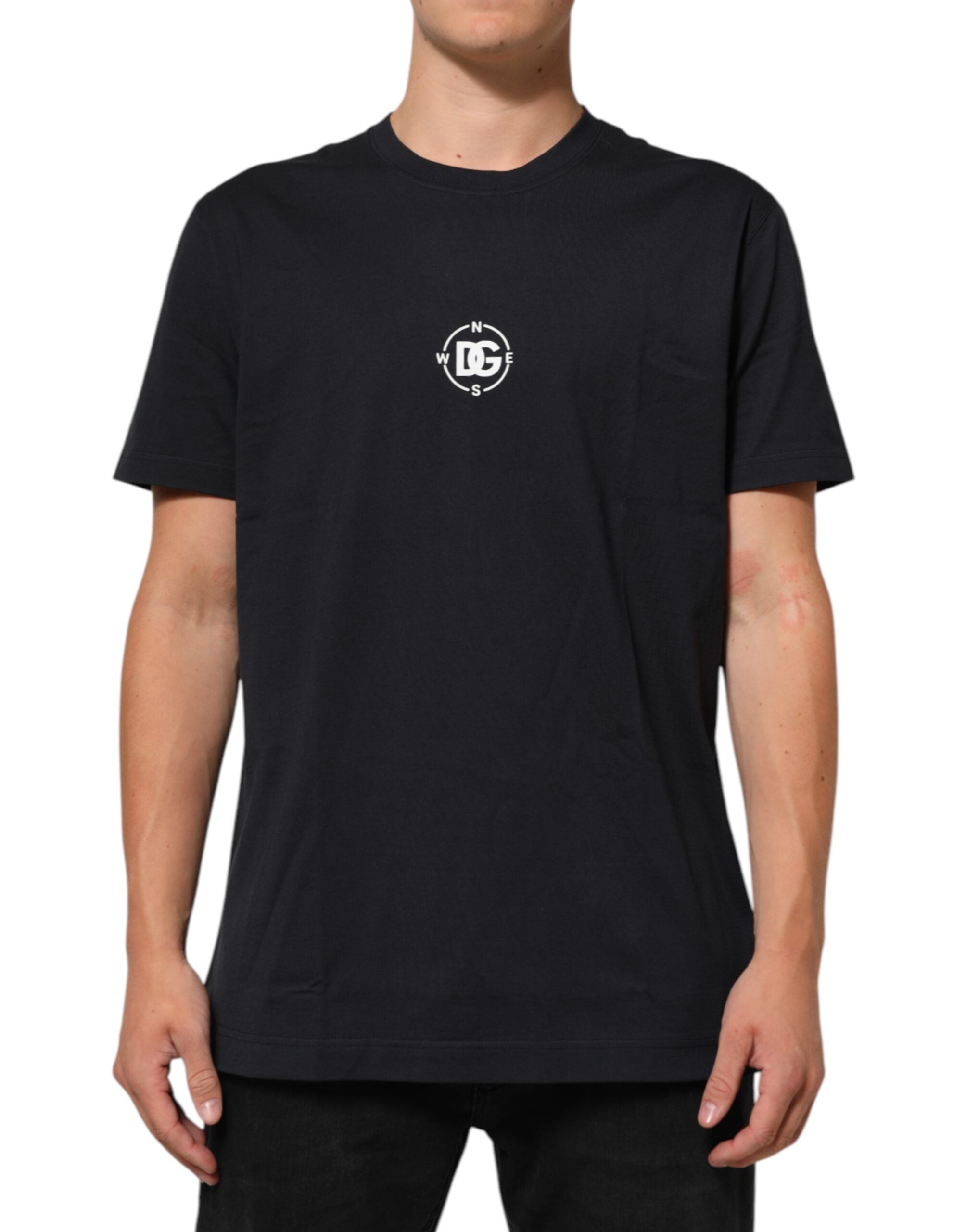 Dolce &amp; Gabbana Sort Logo Compass Bomuld Rund Hals T-shirt