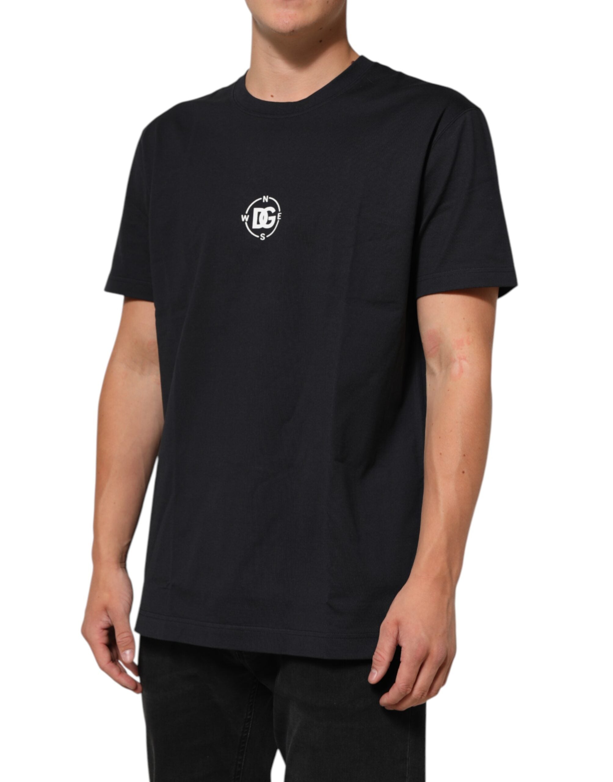 Dolce &amp; Gabbana Sort Logo Compass Bomuld Rund Hals T-shirt