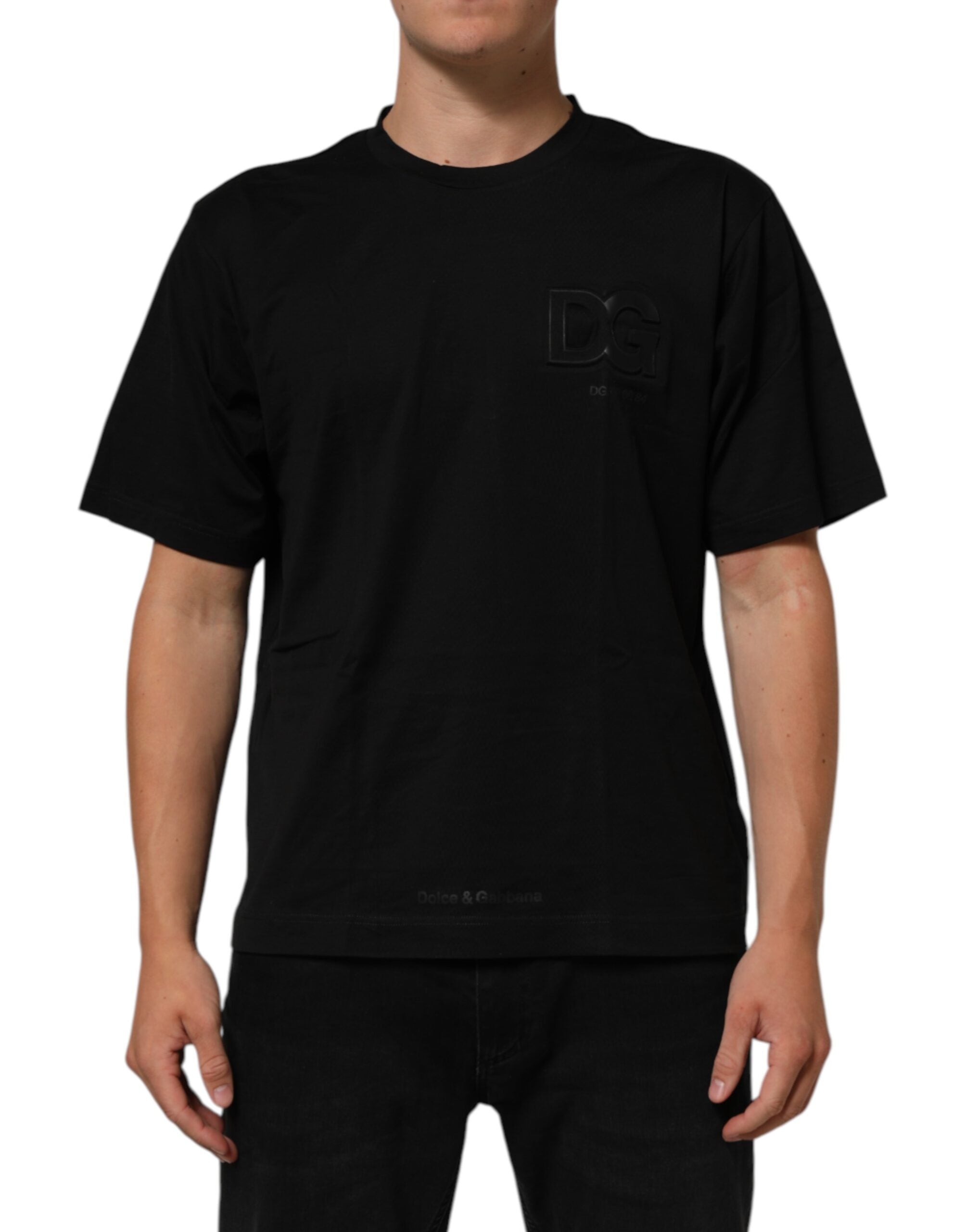Dolce &amp; Gabbana Sort Logo Patch Bomuld Herre T-shirt med Rund Hals