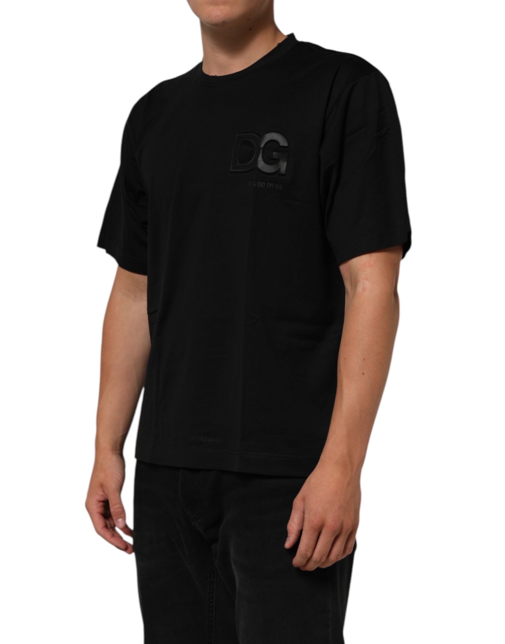 Dolce &amp; Gabbana Sort Logo Patch Bomuld Herre T-shirt med Rund Hals