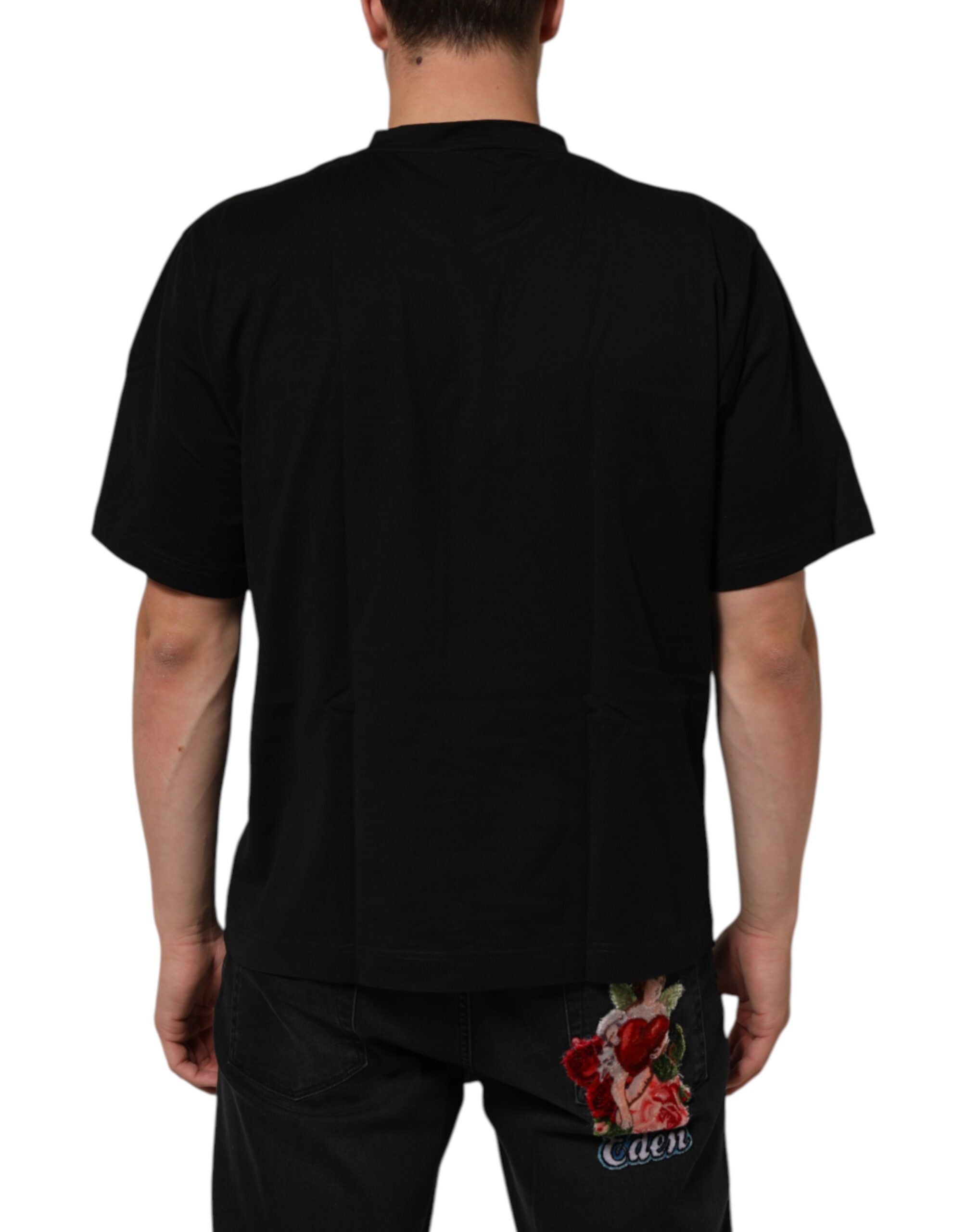 Dolce &amp; Gabbana Sort Logo Patch Bomuld Herre T-shirt med Rund Hals