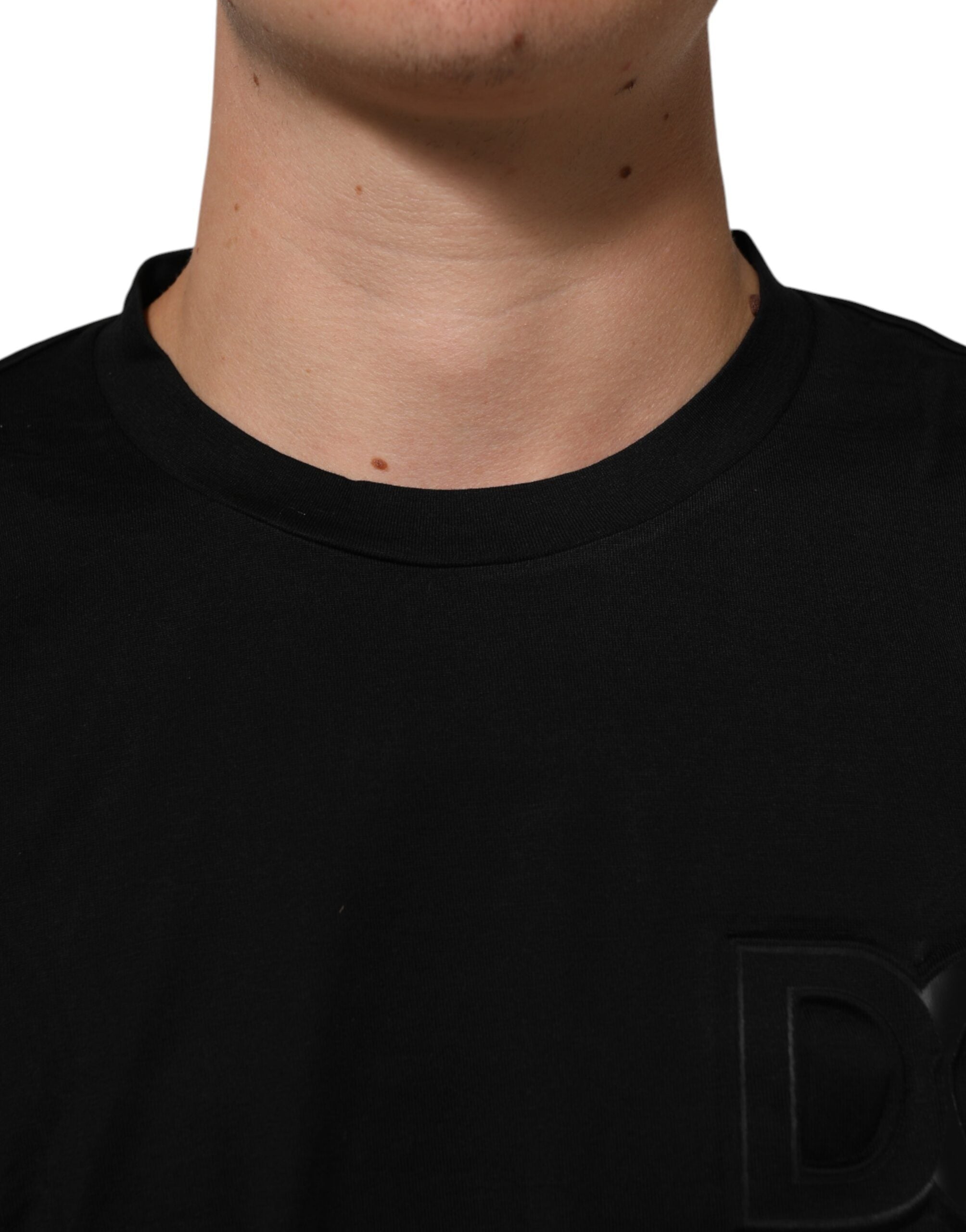 Dolce &amp; Gabbana Sort Logo Patch Bomuld Herre T-shirt med Rund Hals