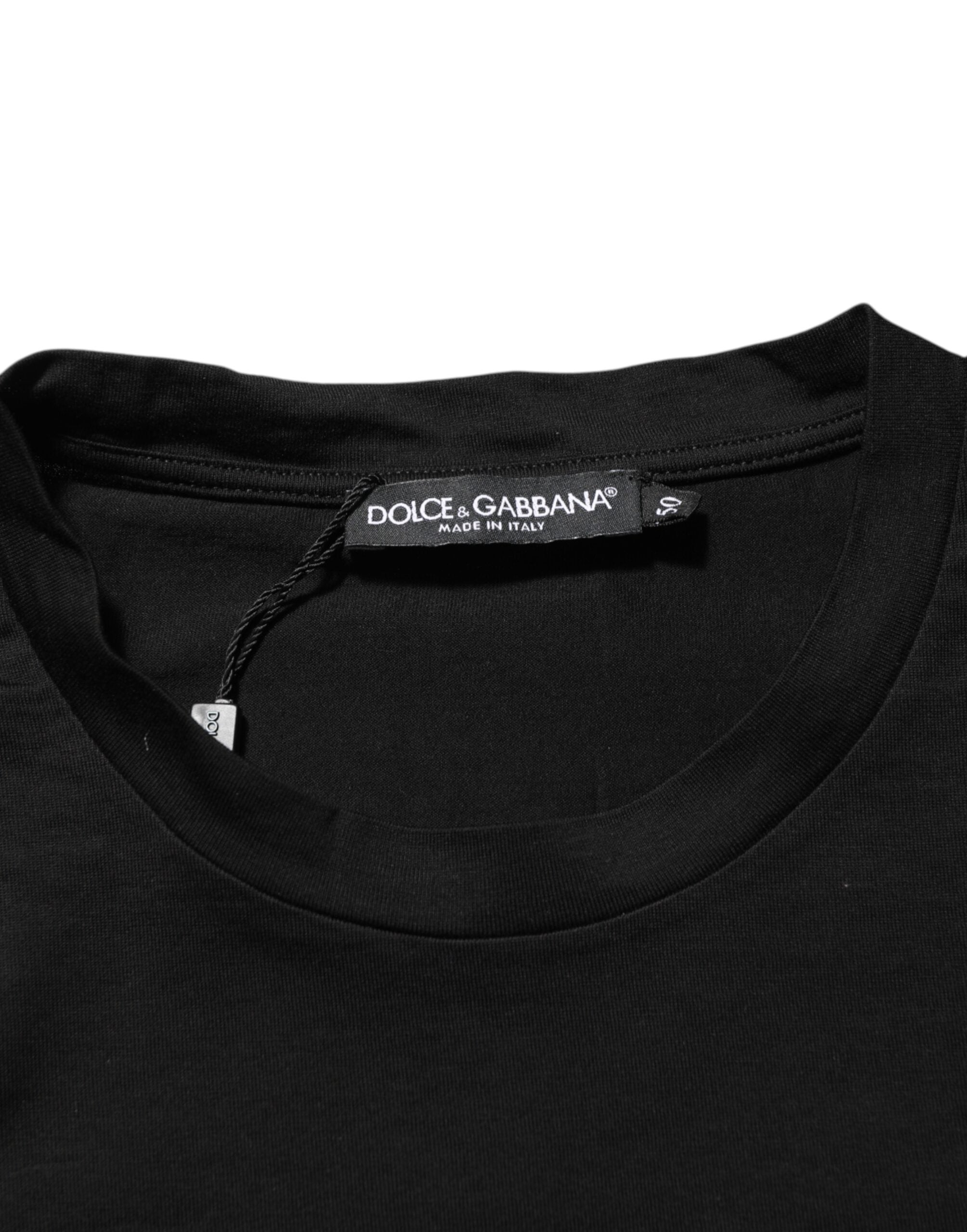 Dolce &amp; Gabbana Sort Logo Patch Bomuld Herre T-shirt med Rund Hals