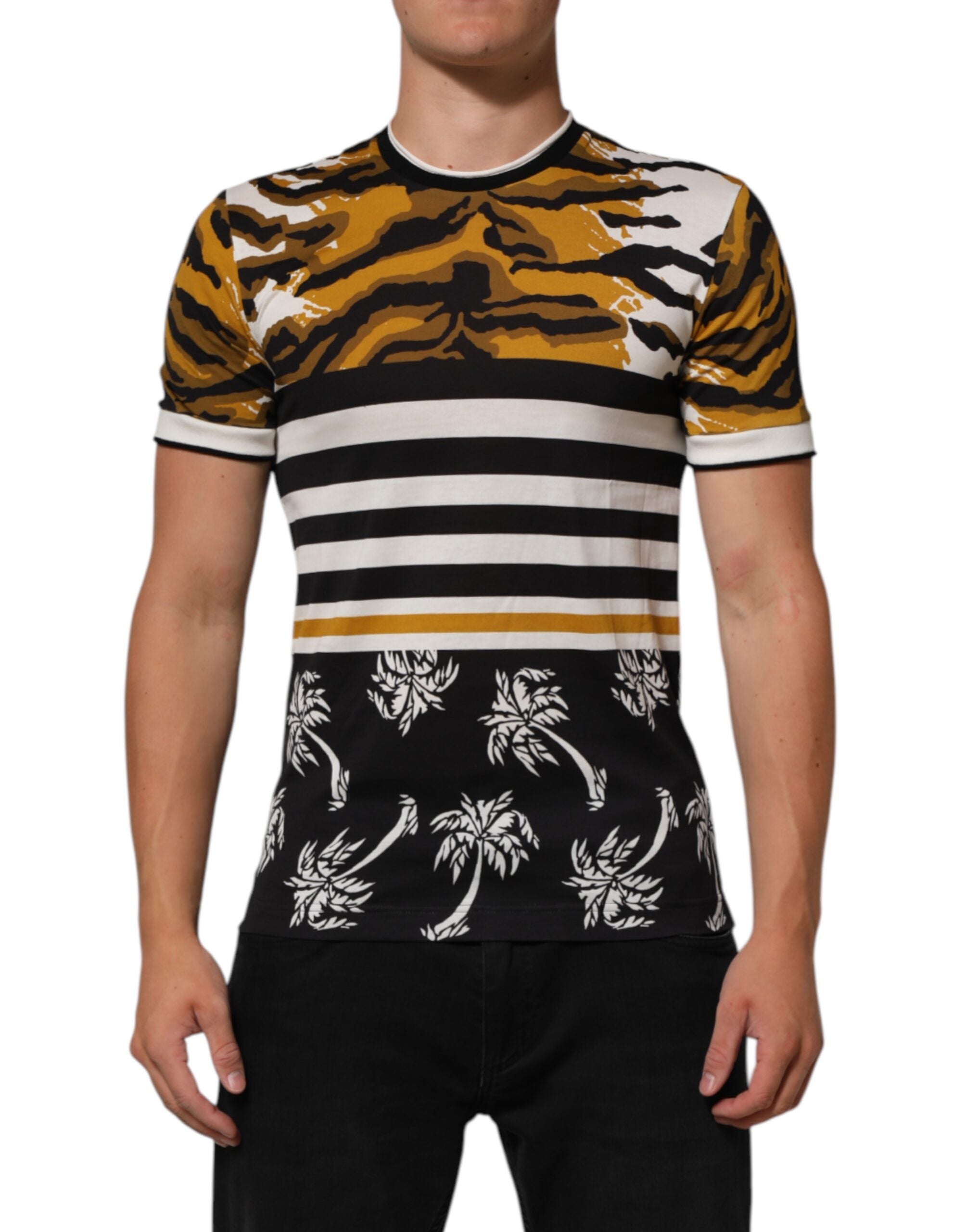 Dolce &amp; Gabbana Flerfarvet Leopard Palmeblad Herre T-shirt med Rund Hals