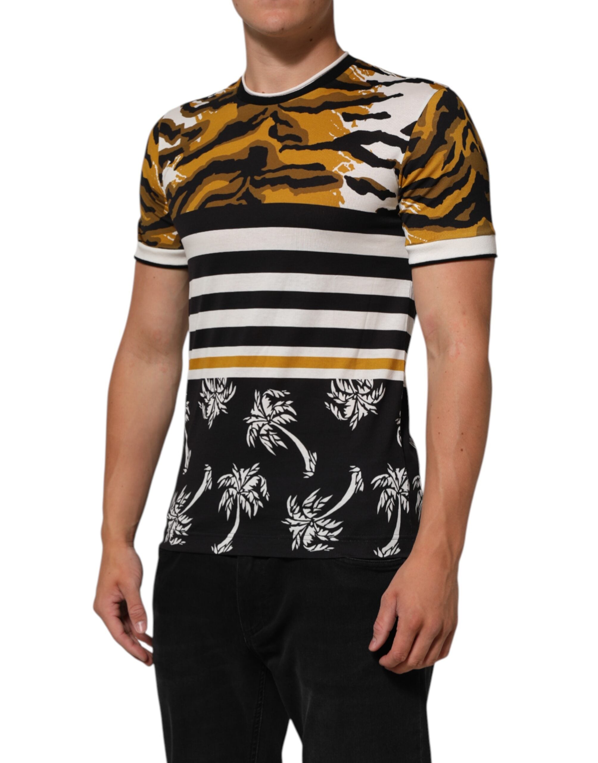 Dolce &amp; Gabbana Flerfarvet Leopard Palmeblad Herre T-shirt med Rund Hals