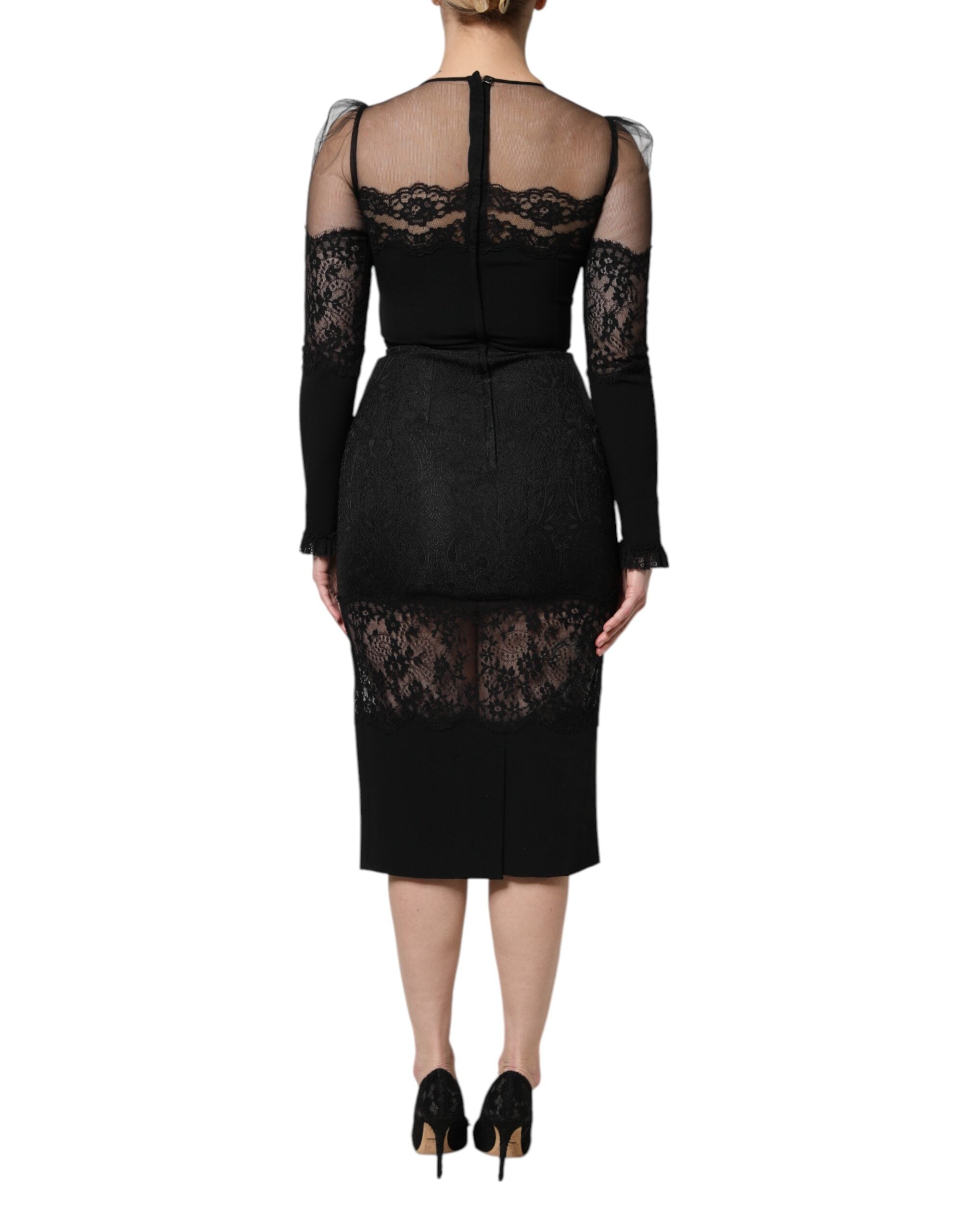 Dolce &amp; Gabbana Sort Midikjole med Nylon og Tyl og Blondekant