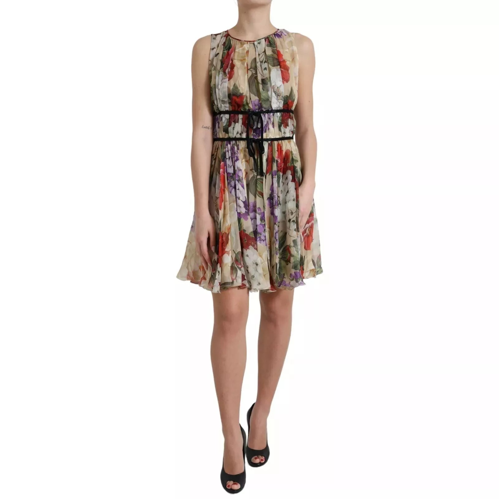 Dolce &amp; Gabbana Beige Blommig Ärmlös A-linje Miniklänning