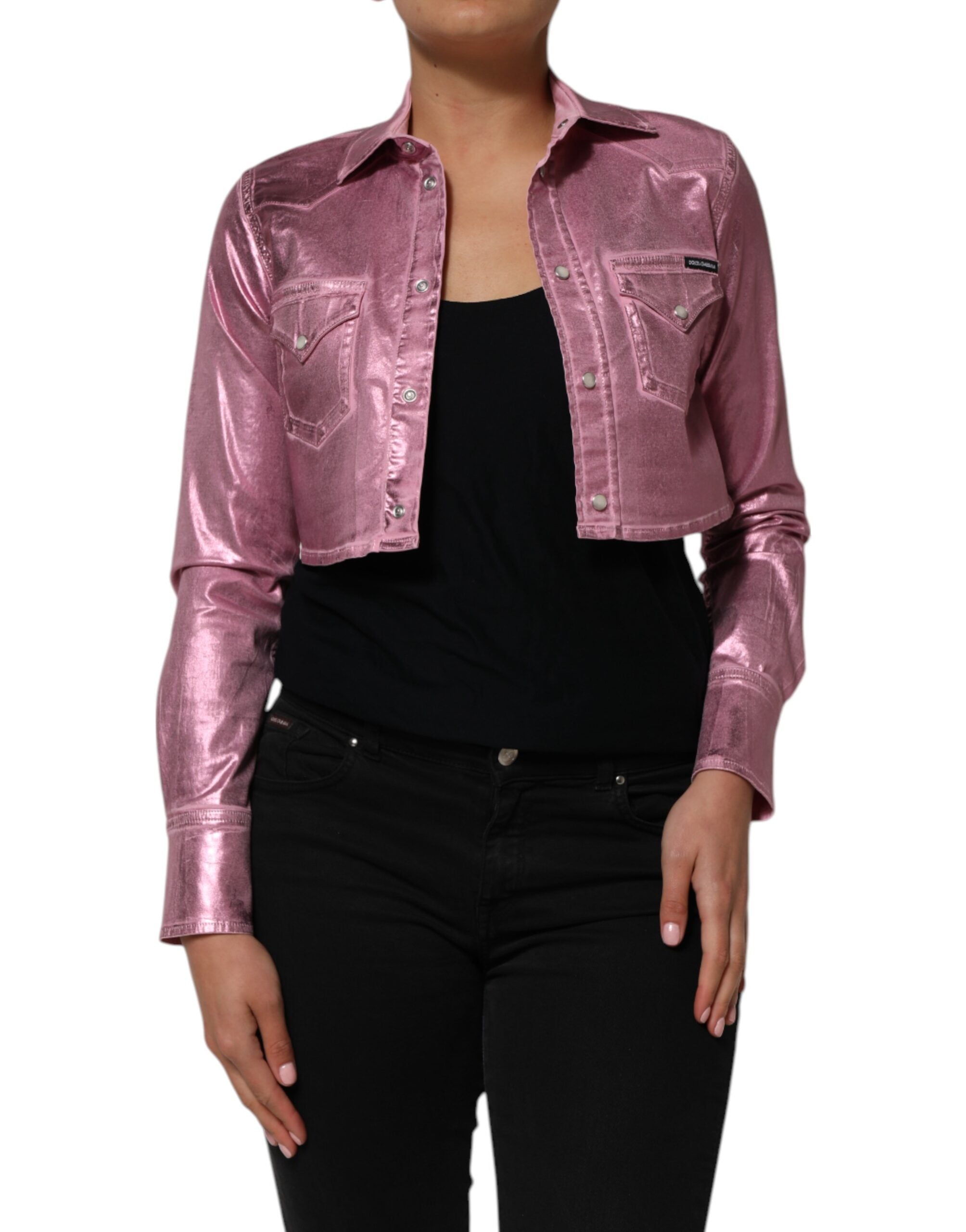Dolce &amp; Gabbana Lyserød Bomulds Stretch Cropped Jakke med Krave