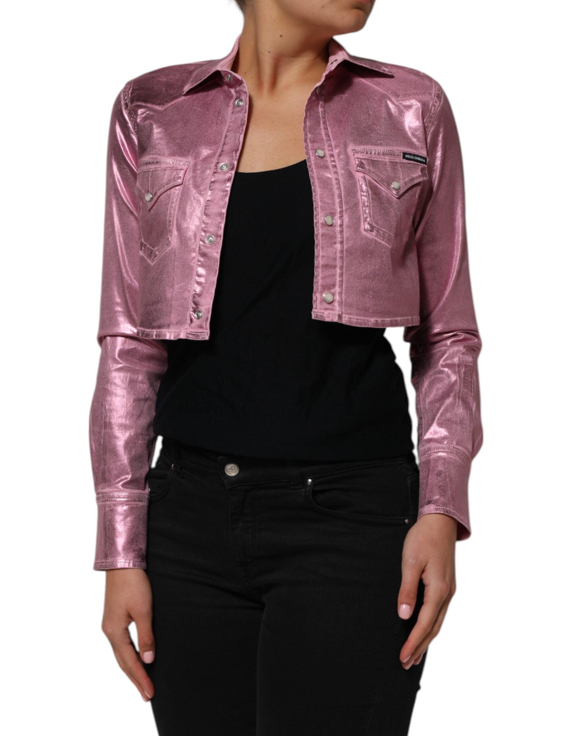 Dolce &amp; Gabbana Lyserød Bomulds Stretch Cropped Jakke med Krave