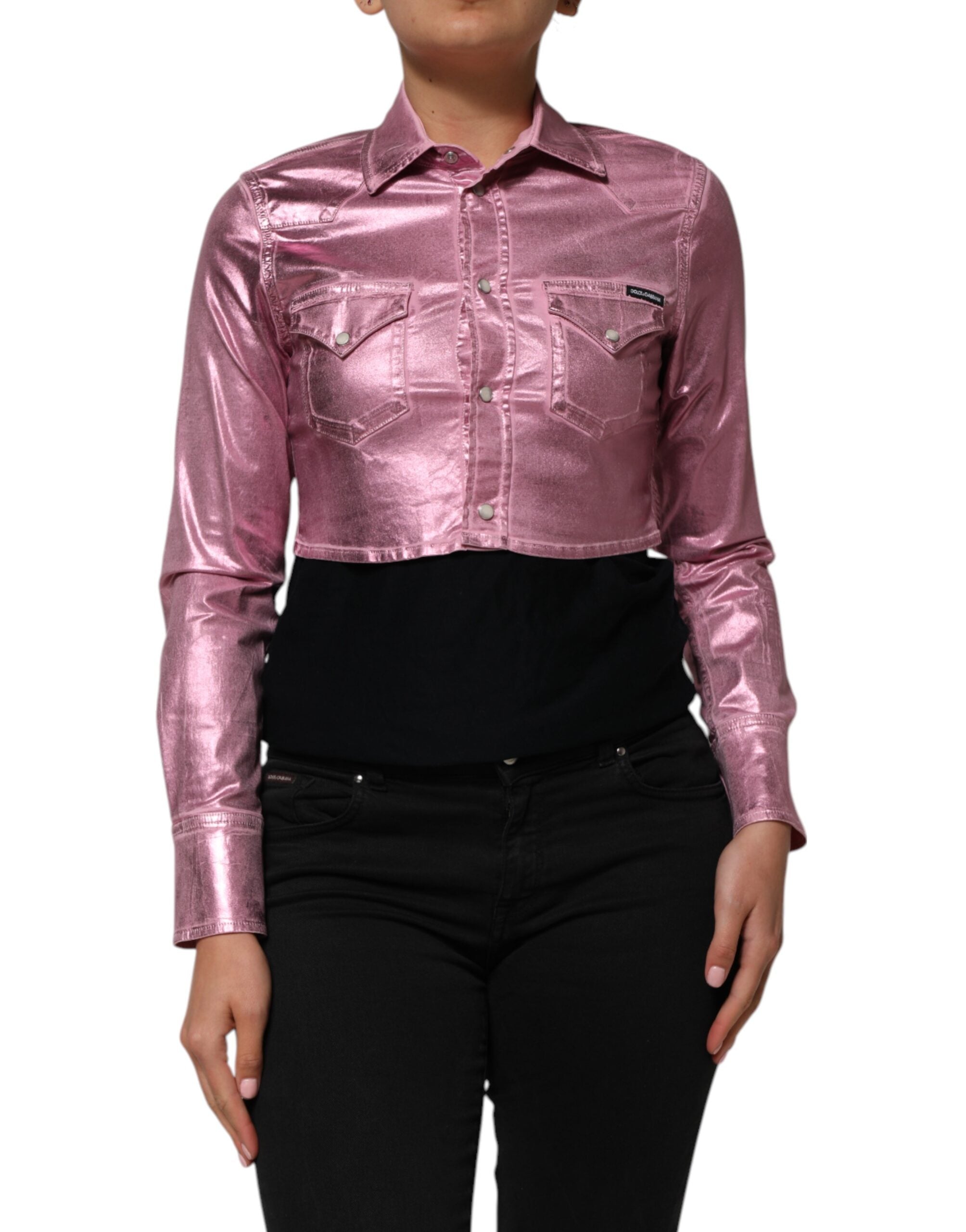 Dolce &amp; Gabbana Lyserød Bomulds Stretch Cropped Jakke med Krave