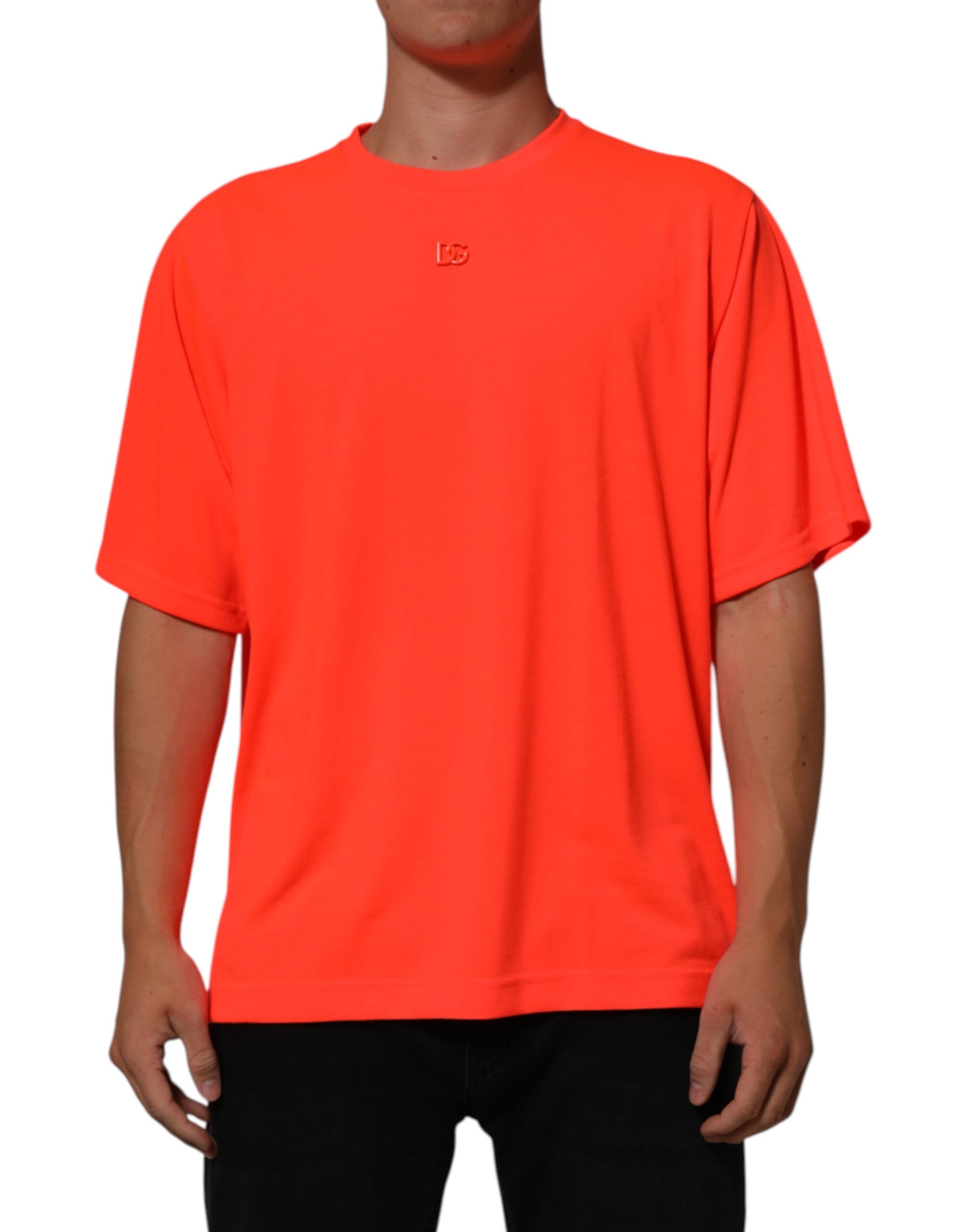 Dolce &amp; Gabbana Neon Orange Polyester Herre T-shirt med Rund Hals