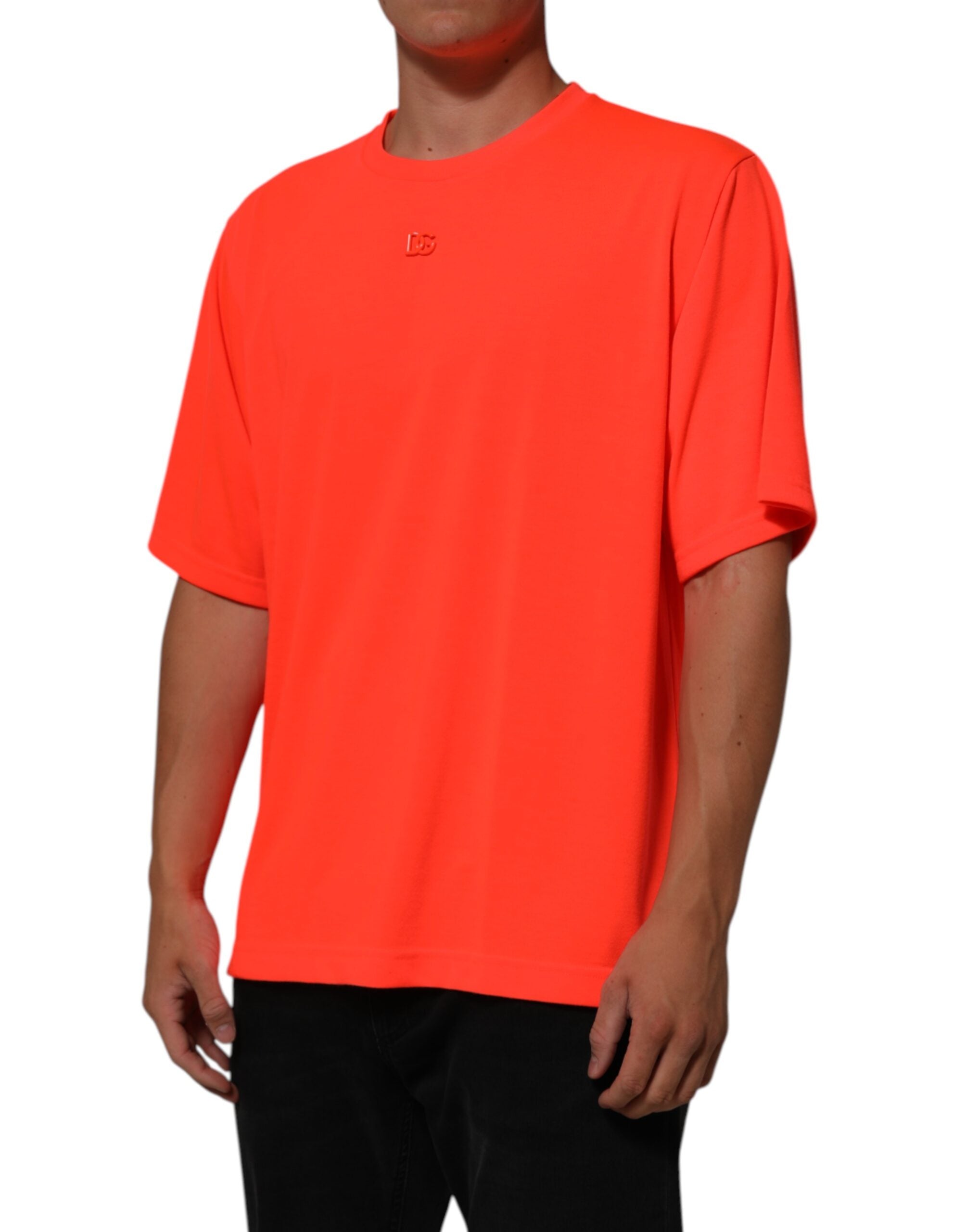 Dolce &amp; Gabbana Neon Orange Polyester Herre T-shirt med Rund Hals