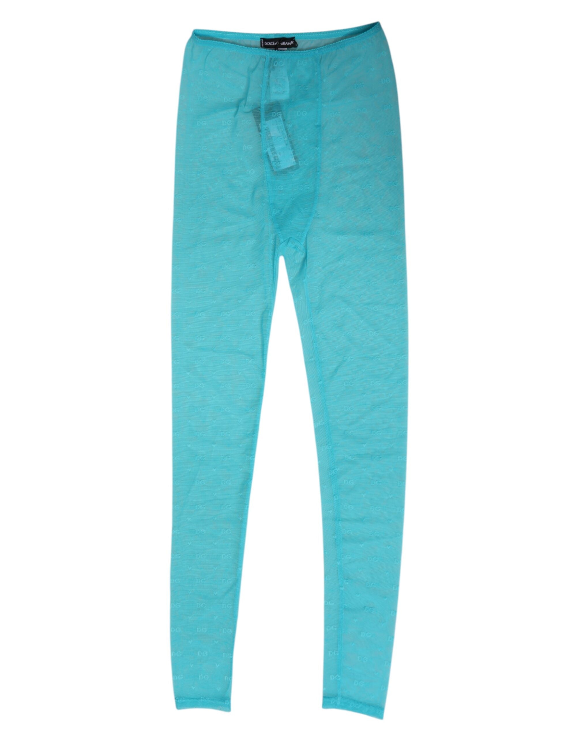 Dolce &amp; Gabbana Ljusblå Nylon Logotyp Spetsleggings Byxor Underkläder