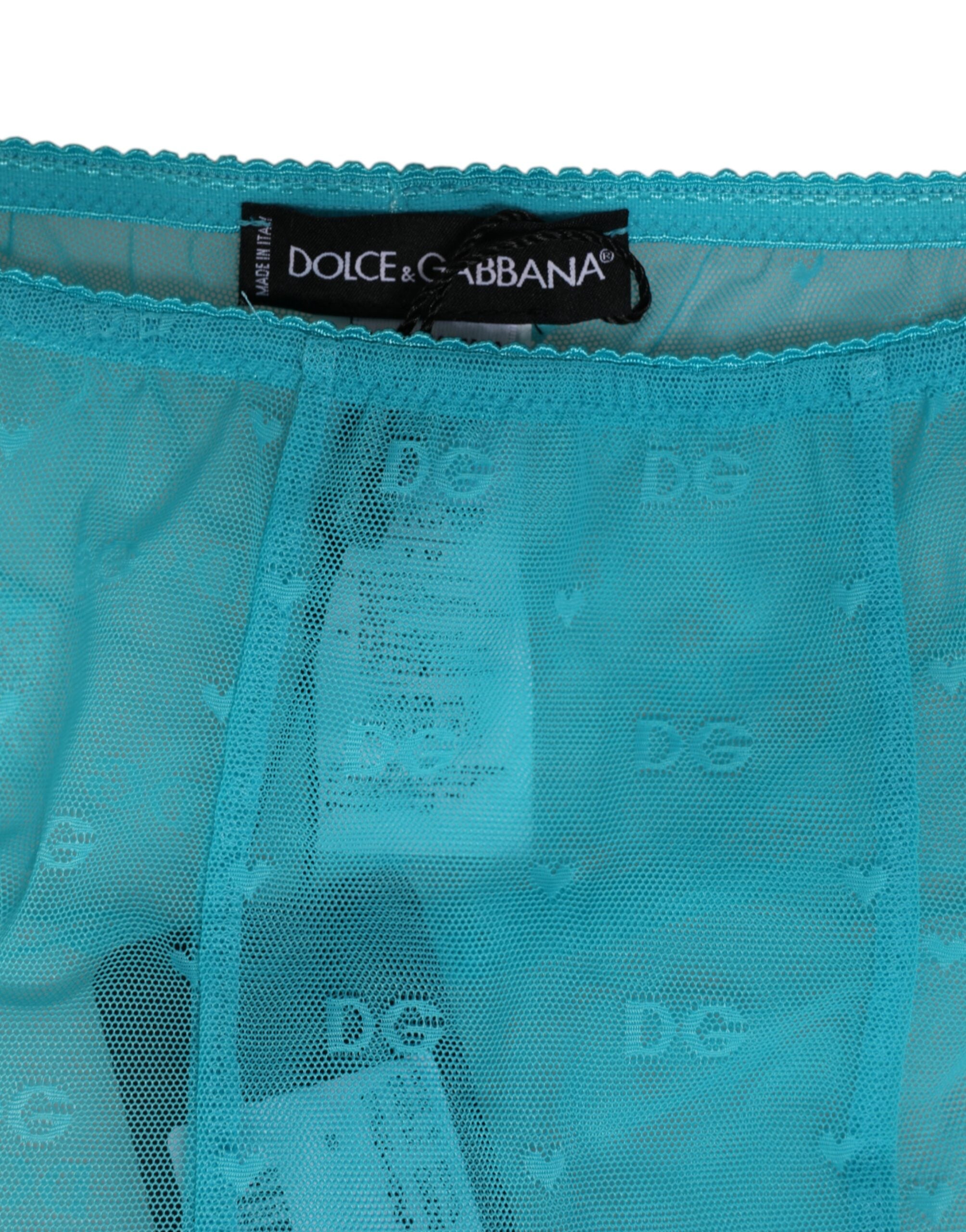 Dolce &amp; Gabbana Ljusblå Nylon Logotyp Spetsleggings Byxor Underkläder