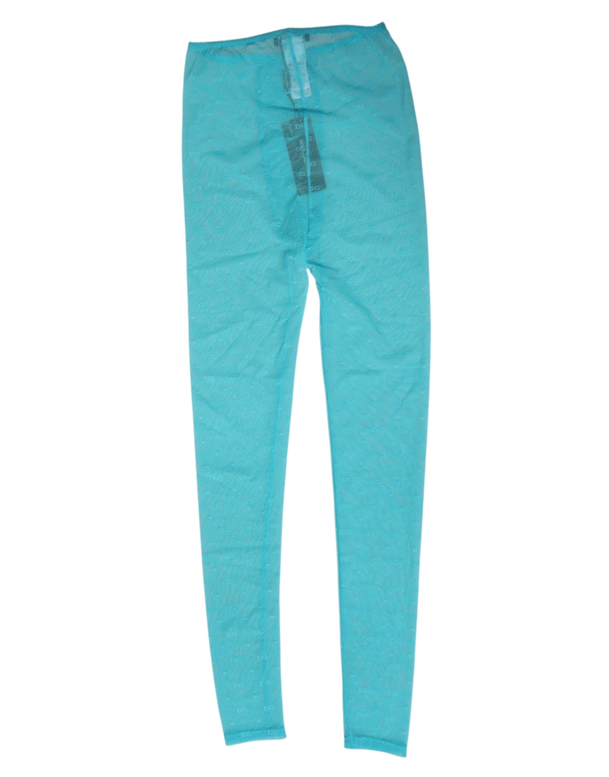 Dolce &amp; Gabbana Ljusblå Nylon Logotyp Spetsleggings Byxor Underkläder