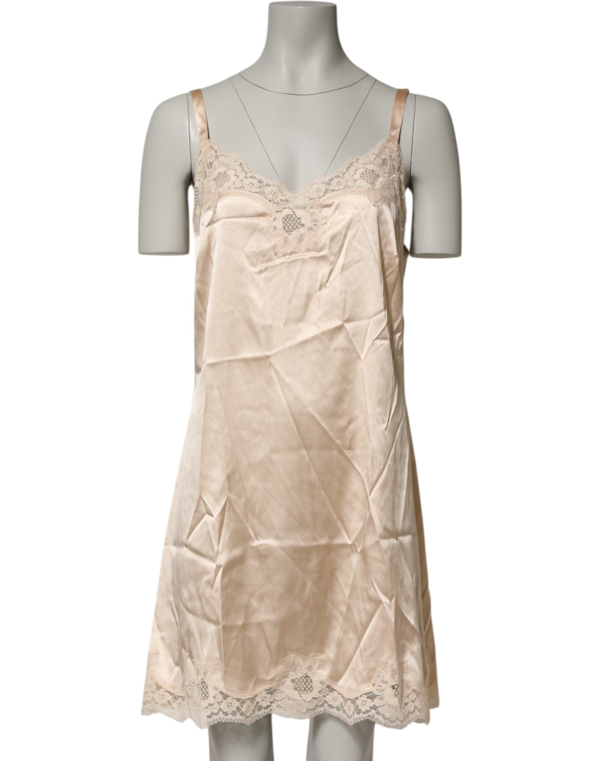 Dolce &amp; Gabbana Nude Chemise Lingerie Kjole med Silkeblanding og Blondekant